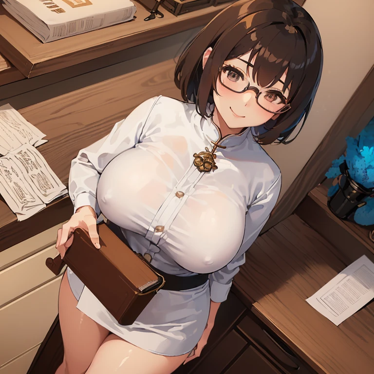 ((1 Woman, with a white mini blouse with Bhutan, with a black mini skirt with Bhutan, with white panties)),((brown hair)),((shallow eyes, with glasses, with a cute smile)), ((big breasts,((standing, facing the viewer, behind a wooden service counter with books and paper on the counter,