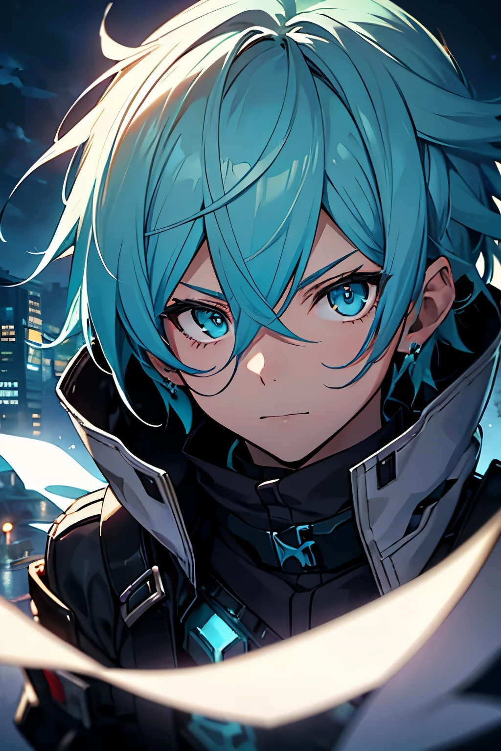 masterpiece, best quality, ((((1oldman)))), (colorful),(finely detailed beautiful eyes and detailed face),cinematic lighting,extremely detailed CG unity 8k wallpaper, sky, cloudy_sky, building, moonlight, moon, night, (dark theme:1.3), light, fantasy, (((Only one character))), Profile, 1 boy, male, cyan hair, cyan eyes, Diluc Genshin Impact, Sinon Gun Gale Online, Final Fantasy XIV, Serena expression.