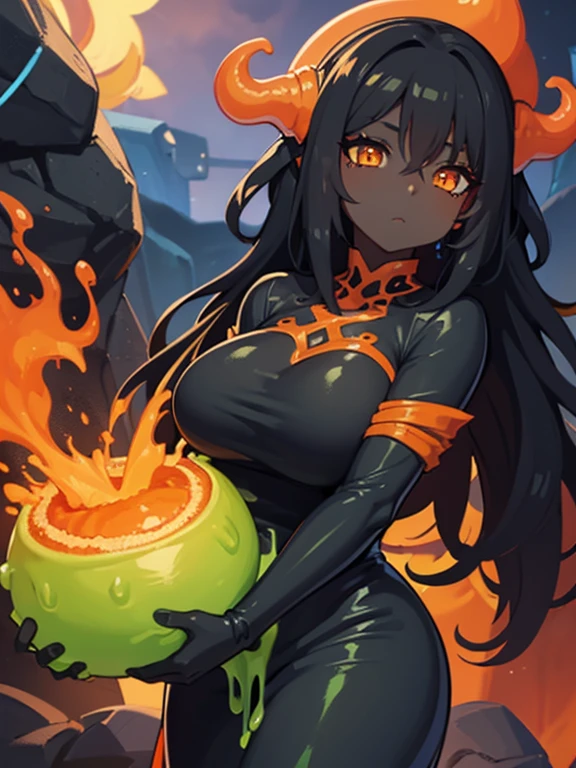 (((Slime Woman Alone))),(((Black Skin))),(((Lava Hair))),(((Orange eyes))),(Curvy body),(((Beautiful dress))),