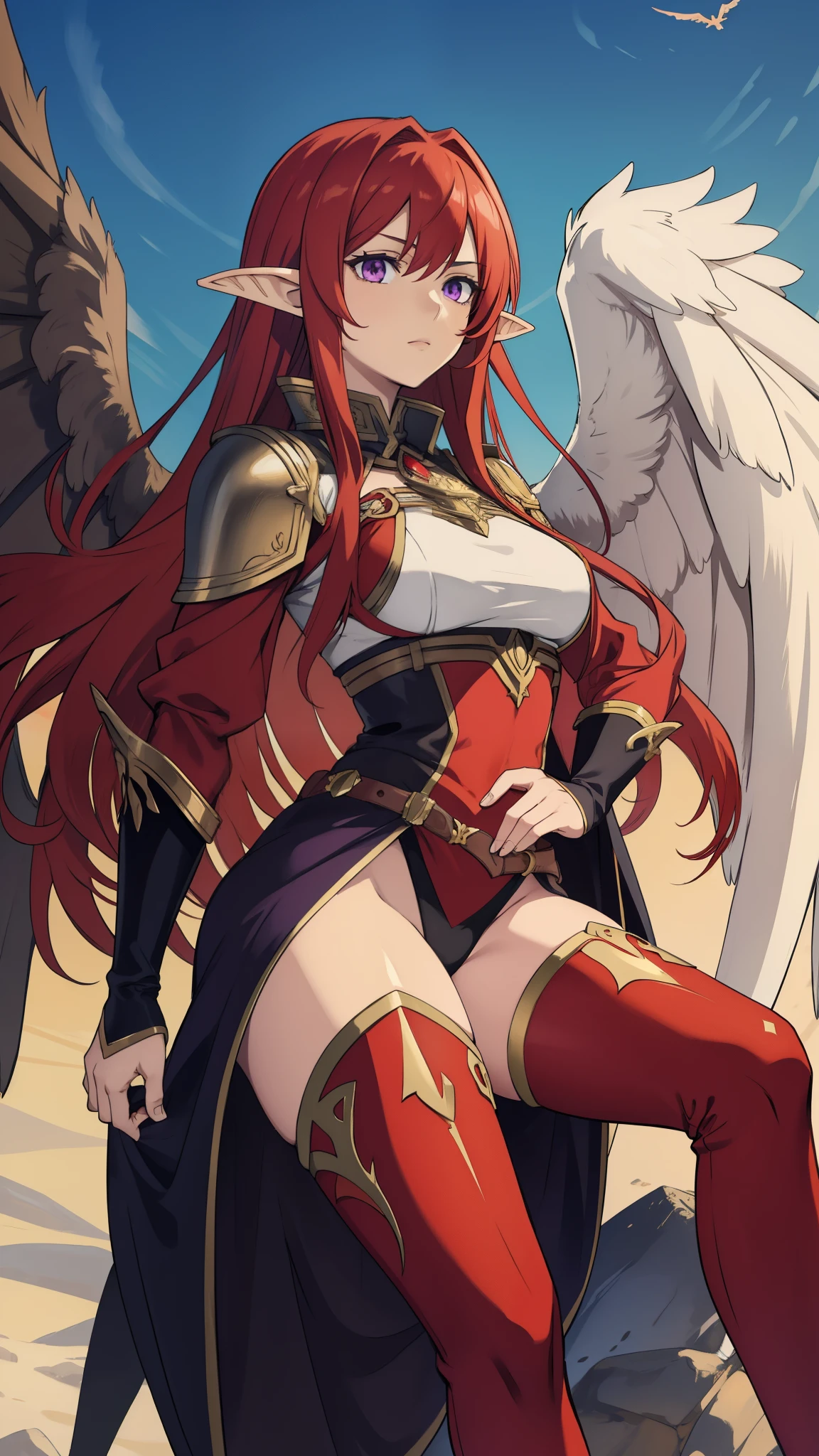 (1 harpy woman), long hair, red hair, shy expression, detailed purple eyes, thick thighs, medium breasts, wings, goddess, red armor, leggings, elf ears, in the middle of skies