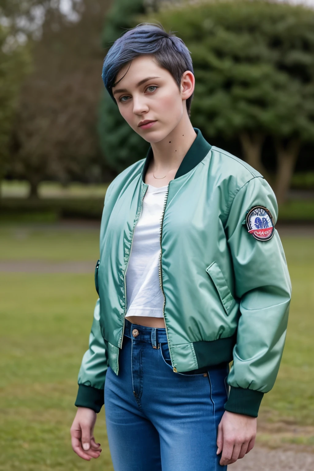 a stunning british skinhead girl, beautiful face, green bomber jacket, blue jeans, trainer shoes, short hair
