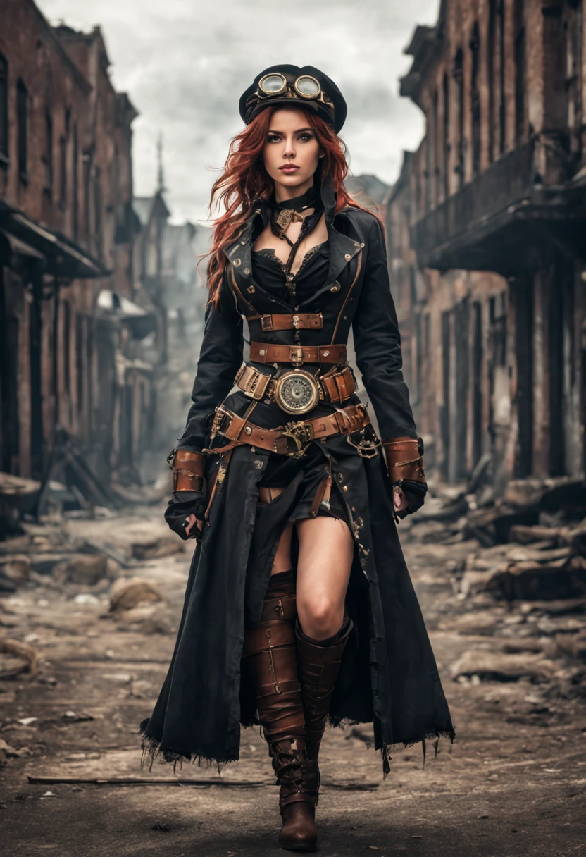 Ultra-realistic, 4k, professional photo, steampunk, 25 year old girl, HDR10, cinematic, full body, detailed face, medium body, steampunk clothers and gears, llong torn loose dress with frayed edges, high military boots with belts and studs, a corset, a shirt with a neckline, a long black leather coat. a military cap with a visor and aviator goggles. A giant compass in hand, a map under her arm. at her belt various steampunk tools. her coat unbuttoned and flapping in the wind. Masterpiece, (lighting), (1solo), xix century city background, realistic background, realistic photo