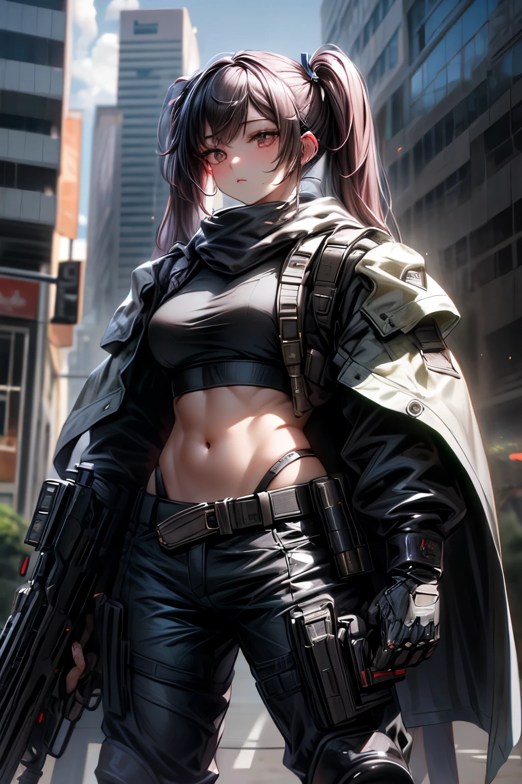 ((obra de arte)), ((melhor qualidade)), ((high resolution)), 1 garota, Sozinho, policial, (matching pants, pants), city backdrop, (segurar e apontar pistola, pistola detalhada, Glock 22, Disciplina de gatilho), standing, cabelo medio, (cabelo roxo, twintails), (olhos verdes),