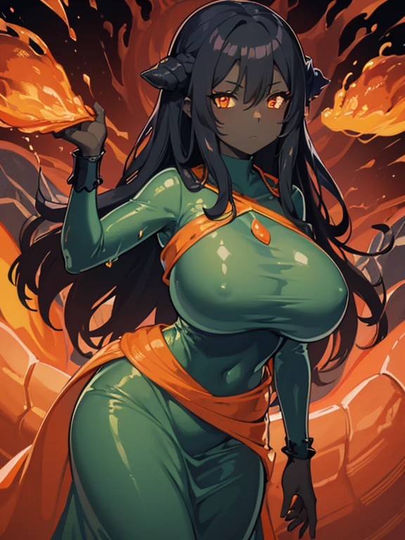 (((Slime Woman Alone))),(((Black Skin))),(((Lava Hair))),(((Orange eyes))),(Curvy body),(((Beautiful dress))),