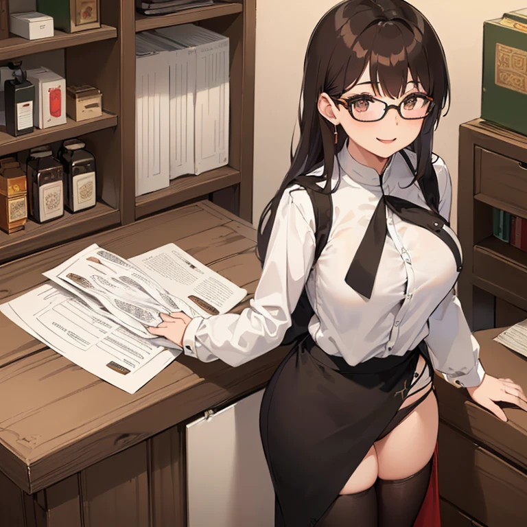 ((1 Woman, with a white mini blouse with Bhutan, with a black mini skirt with Bhutan, with white panties)),((brown hair)),((shallow eyes, with glasses, with a cute smile)), ((big breasts,((standing,behind a wooden service counter with books and paper on the counter,