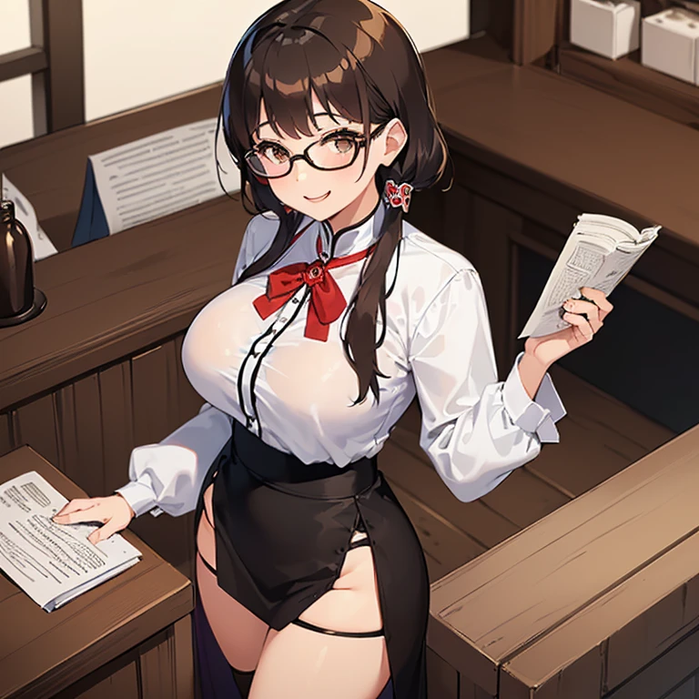 ((1 Woman, with a white mini blouse with Bhutan, with a black mini skirt with Bhutan, with white panties)),((brown hair)),((shallow eyes, with glasses, with a cute smile)), ((big breasts,((standing,behind a wooden service counter with books and paper on the counter,