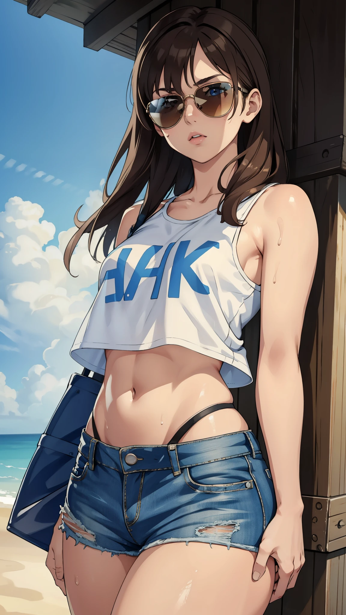 1girl, brown hair, white crop top, blue denim mini shorts, thick thighs, sunglasses, sweaty body, cowboy shot, in strert, hot summer weather, sharp focus, ultra HD, 8k, High res, more_details:-1, more_details:0, more_details:0.5, more_details:1, more_details:1.5