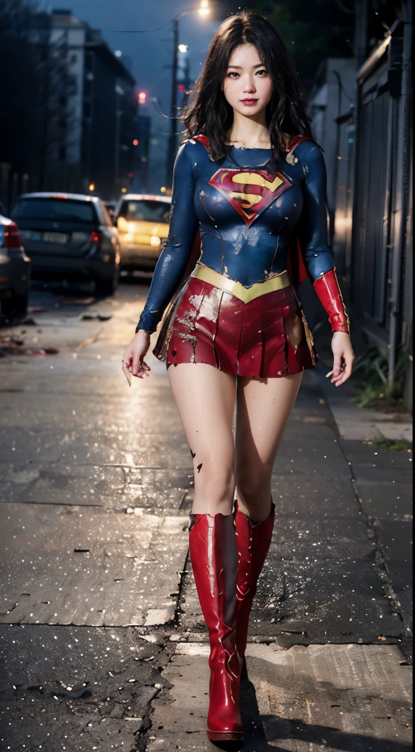 no background、(((Wear black tights on your beautiful legs.torn、Tattered、being destroyed)))、(((stretch your legs、tall、Legally express the beauty of your smile)))、((((Get the most out of your original images)))、(((supergirl costume、torn、Tattered、being destroyed)))、(((beautiful hair)))、(((I'm in pain)))、(((Legs must be worn with black tights)))、(((must wear red boots、being destroyed)))、((Highest image quality、8K))、((highest quality、8K、masterpiece:1.3))、(((keep background )))、clear focus:1.2、beautiful woman with perfect figure:1.4、Full of scars、bloody、full of blood、slender abs:1.2、wet body:1.5、Highly detailed face and skin texture、8K