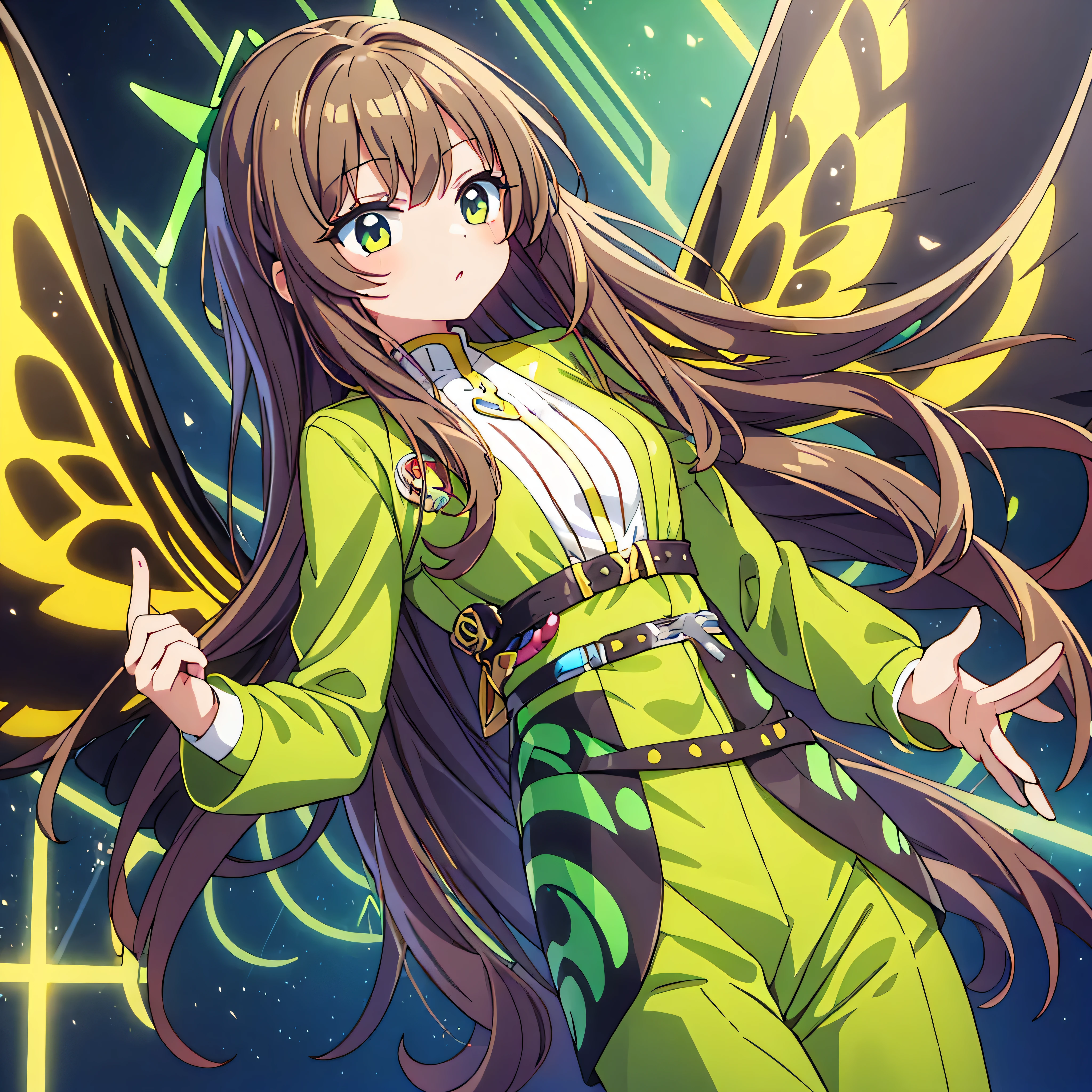uma jovem com longos cabelos castanhos que lembram asas de uma borboleta. Wears an elegant yellow-green streamlined suit. Um inseto mecanizado em seu ombro