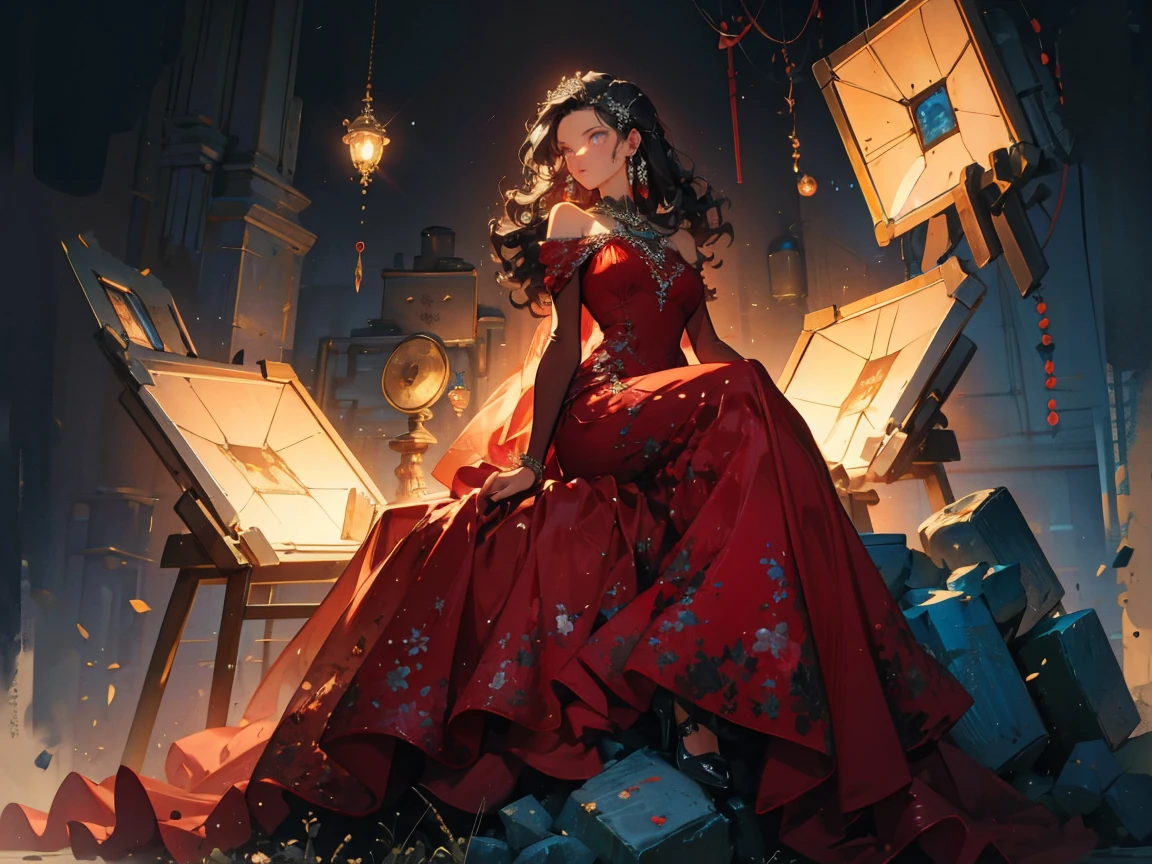 masterpiece, glowing,1 woman, wrenchelegadome, hair ornament, jewelry, red dress, sitting, detailed face, sexy, black hair, long curly hair