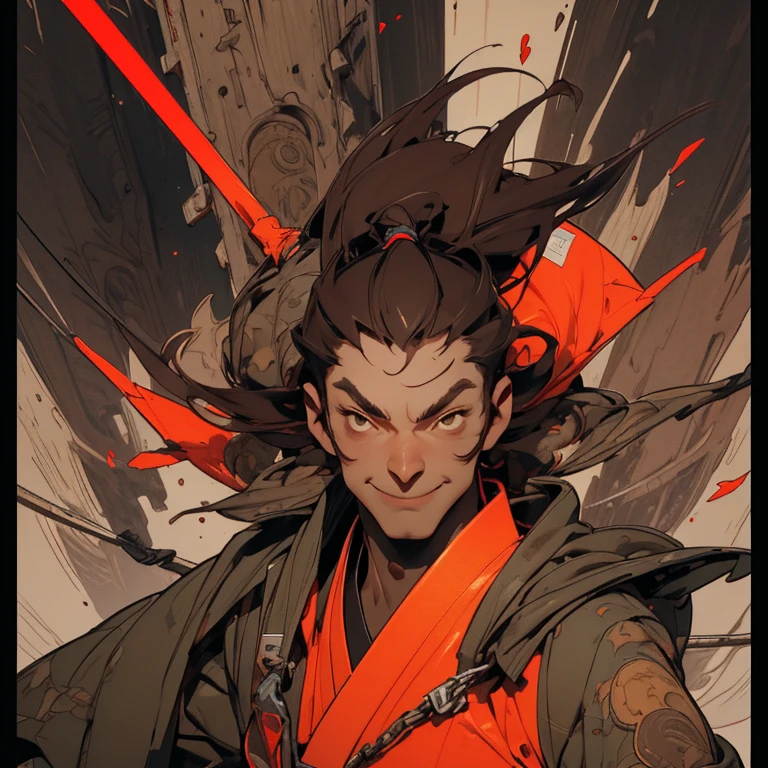!Chill! Smile!, A young man of 20 years old Ronin, has a normal build, brown color, and African hair, he is not so gigantic, he smiles in a Kill Bill tracksuit and an anti-blue light, inspired by Maxzen. Shoulder armor, sheathed katana, dojo in the background, night setting, Cool comic style - Maxzen, Japanese manga. Ross drawing and Krenz diagram, illustration, composition sketch / Color portrait Young man 20 years old. Modern style, comics, Japanese manga, cyberpunk, future, color shades, rich colors. 2_In the background there is a server, a dojo in the background, a night setting, wires, light bulbs, lanterns, lighting, and robots. 3_High image quality, 4K | Ultra HD | Full HD, cinematic comic book, 3D visualization_in comic book style - linear stroke, color fill, high-quality stroke - a masterpiece, TOP computer graphics ART. 8K, dark lighting, strong shadow. (vivid, anime, comic, creative, sharp focus, 8K). High detail of the drawing, lines, high-quality background (shades of cool tones, red, yellow warm highlights, side lighting), cyberpunk, and futurism. Film grains, dust, and particles in the air.