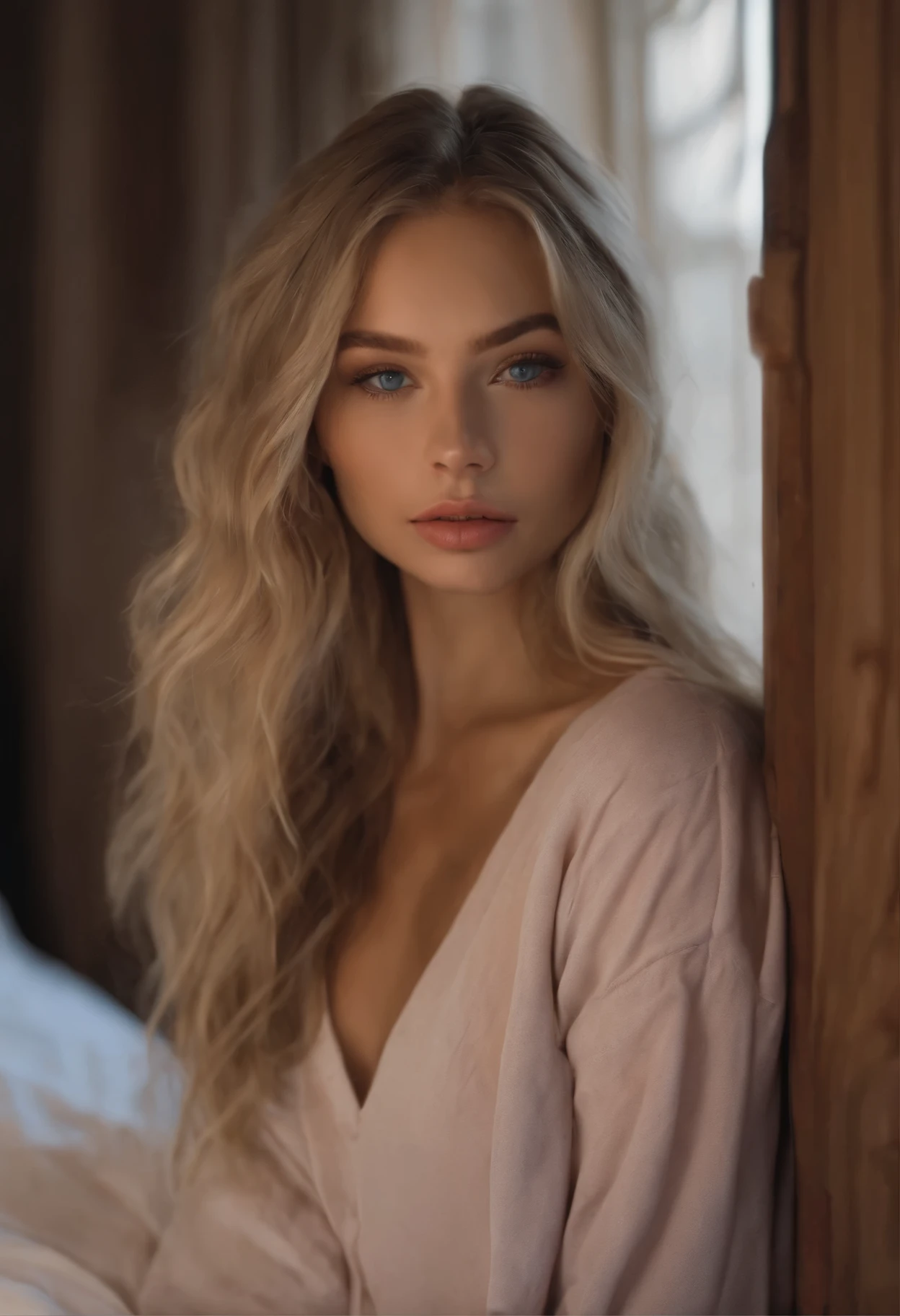 on the beach, sexy girl with blue eyes, ultra realistic, meticulously detailed, portrait sophie mudd, blonde hair and large eyes, selfie of a young woman, bedroom eyes, violet myers, without makeup, natural makeup, looking directly at the camera, face with artgram, subtle makeup, stunning full body shot kneeling on bed, medium to large size bust