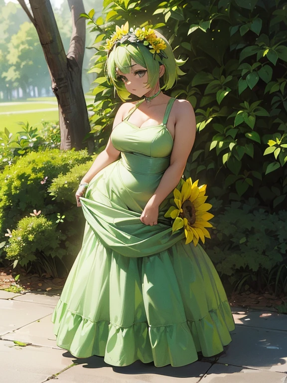 (((Woman Plants Alone))),(((Lime green hair))),(((Gray Eyes))),(curvy body),(((Wearing a flower headband))),(((Wearing a beautiful dress)))