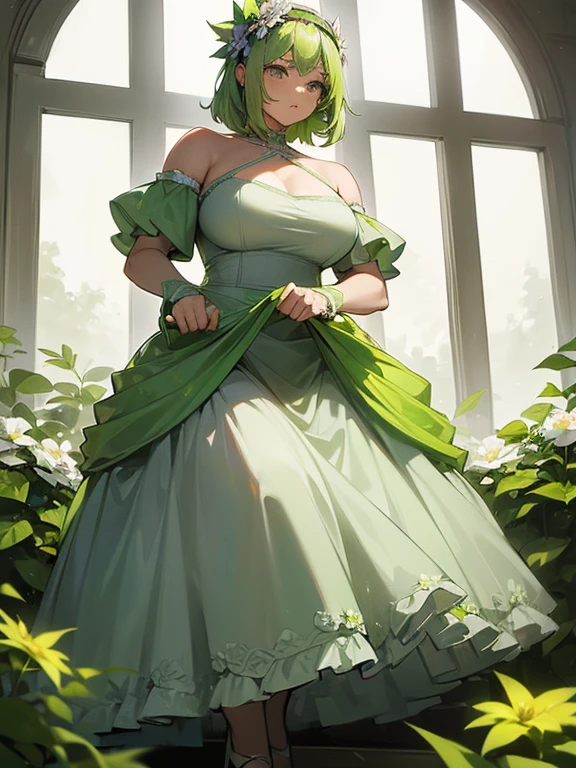Green Dress Flower Cleanser,Sense of atmosphere, best qualtiy,tmasterpiece,1girll,30-years old,Green dress,Daytime Church,full body Esbian, Green gloves,With short green hair,big breasts beautiful,looking at viewert,ssmile,Green Bridal Veil,Green Long Grove,Satin green long gloves, lipsticks, Green Pearl Necklace、Green gloves, Green short hair