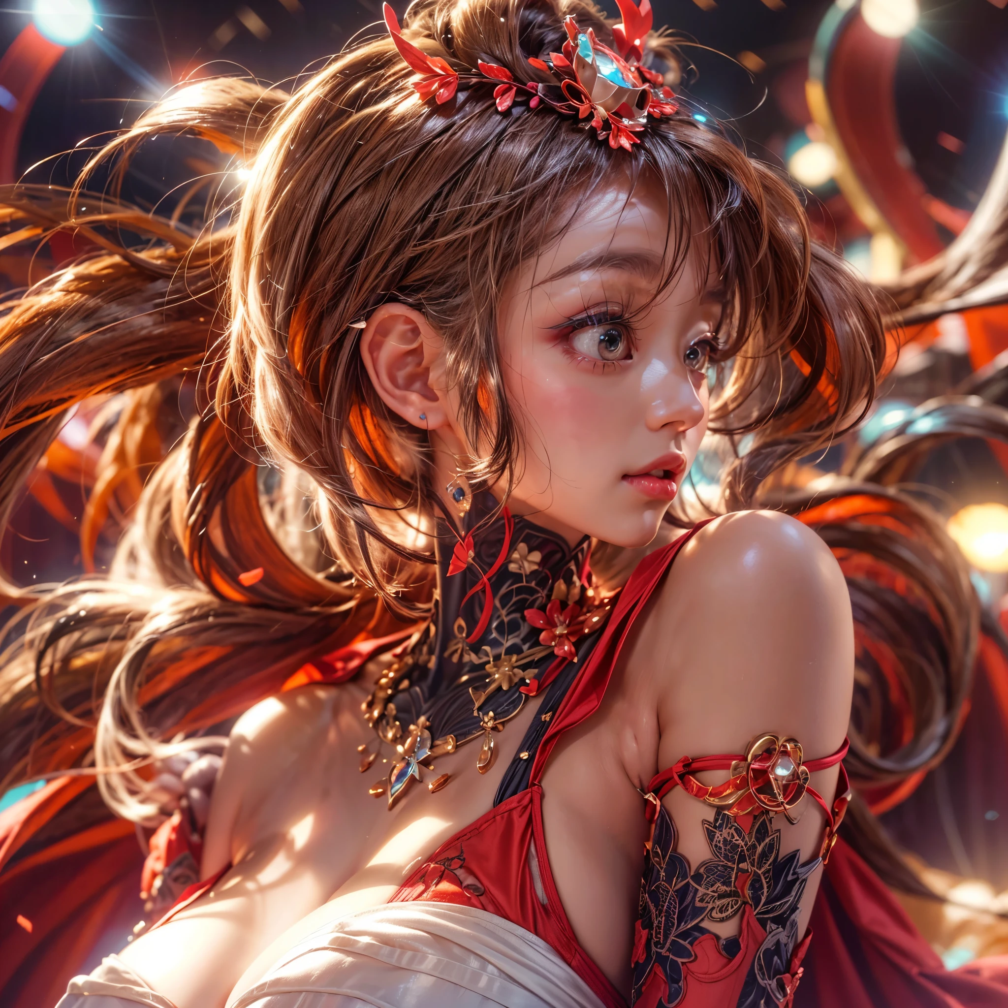(NSFW:-0.9, nipple:-0.9, Acutance:0.85, White and Red, Mystic sight, (many Dazzling flush lights, lens flares, lens Ghost), Luminous Particles, many colorful Lights ) . (best quality, masterpiece:1.3, realistic, photorealistic, (analog photo:1.37), ultra detailed:1.3) . (Amazing KAWAII actress wearing Red highheels), (Extremely detailed (KAWAII face variations)) with joyful expressions, oiled impeccable ivory skin, Biomechanical HUGE and HEAVY boob, pretty hips, (Exquisitely long dress with back cutouts), (Exposed backs, Overflowing sideboob), (award ceremony, Walking on stage, large crowd:1.4) . (((Ass focus, butt crack))), Whole Body proportions and all limbs are anatomically accurate .