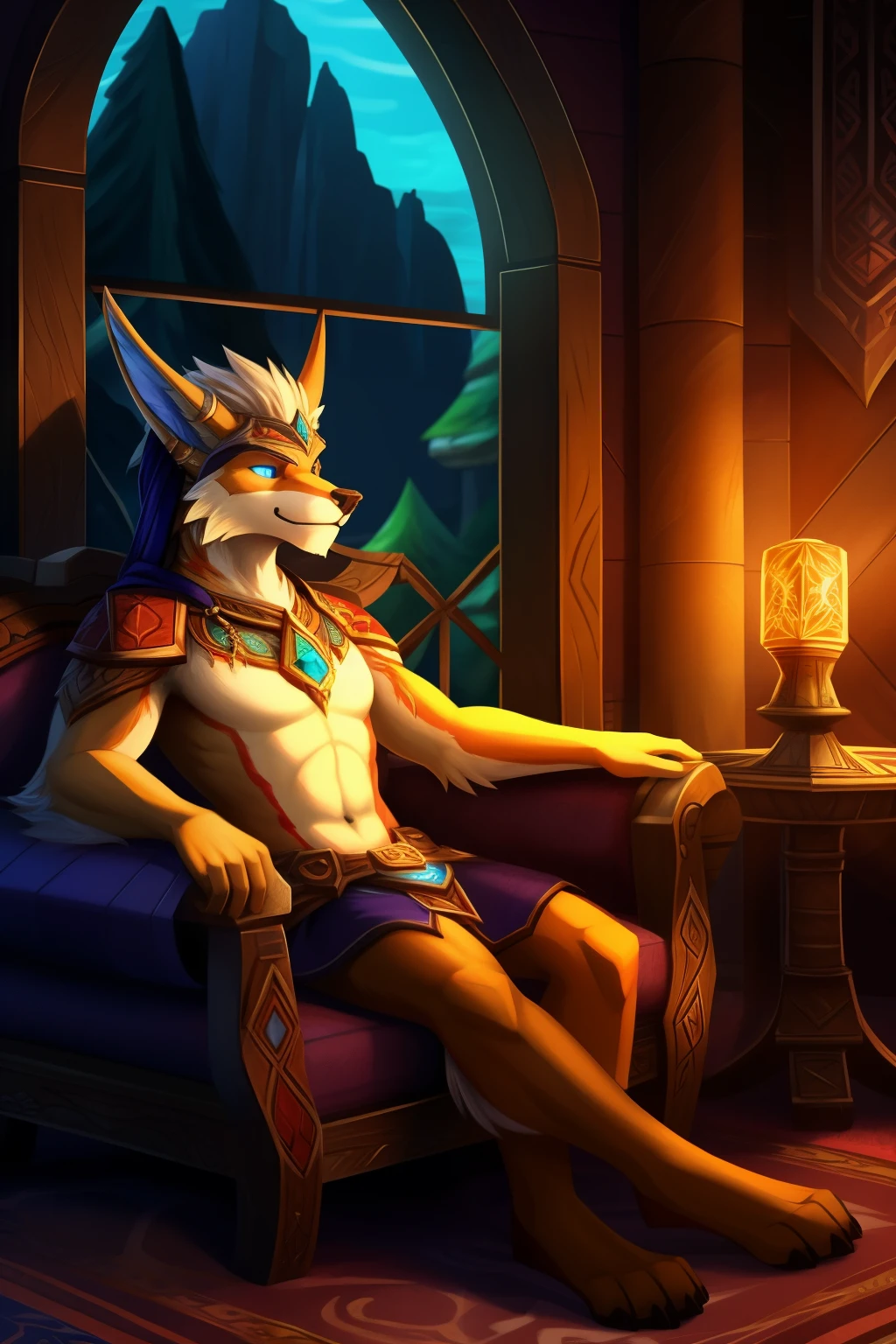 In the enchanting world of anthropomorphic creatures, an inspired furry sits alone on a couch, contemplating the forbidden thought of devouring his unsuspecting friend who lounges beside him. Bathed in the mesmerizing glow of a lightheatre, their vibrantpipboy illuminates the room with a kaleidoscope of colors, reminiscent of the immersive landscapes found in the mystical realms of World of Warcraft.