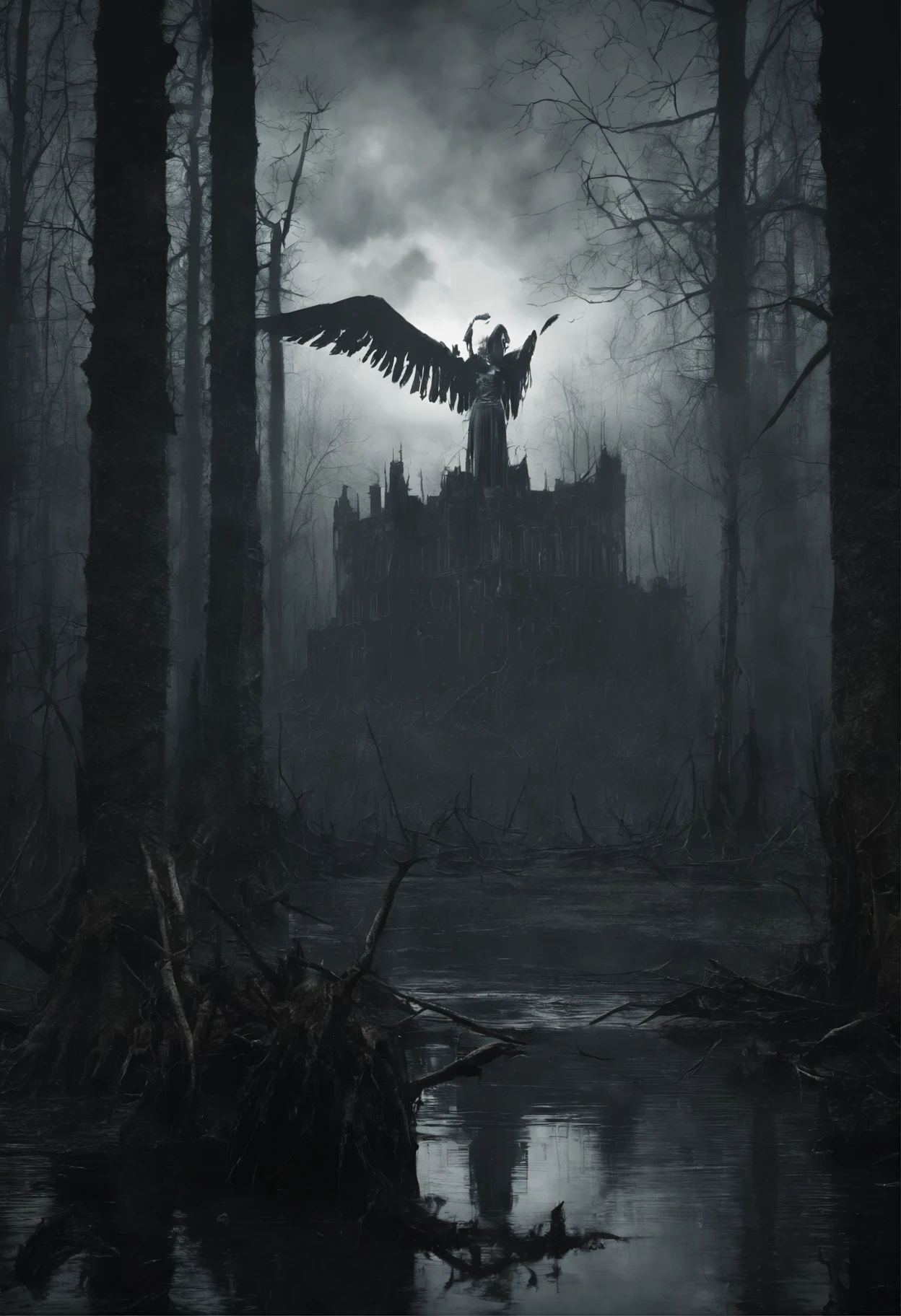 ((a dark angel flies over a swampy forest):1.5), the ruins of an ancient watchtower in the background, (Best Quality, 16K, Masterpiece, UHD:1.3, Huge detail, hyper realistic, epic scale, insane level of details)