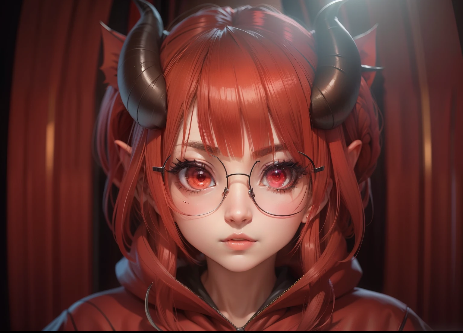 a cute redhair anime girl, lovely face, beautiful, short hair , pointy elf ears, horns, demon girl, round glasses, best quality, anime, cute, cheecks, best quality, 4k