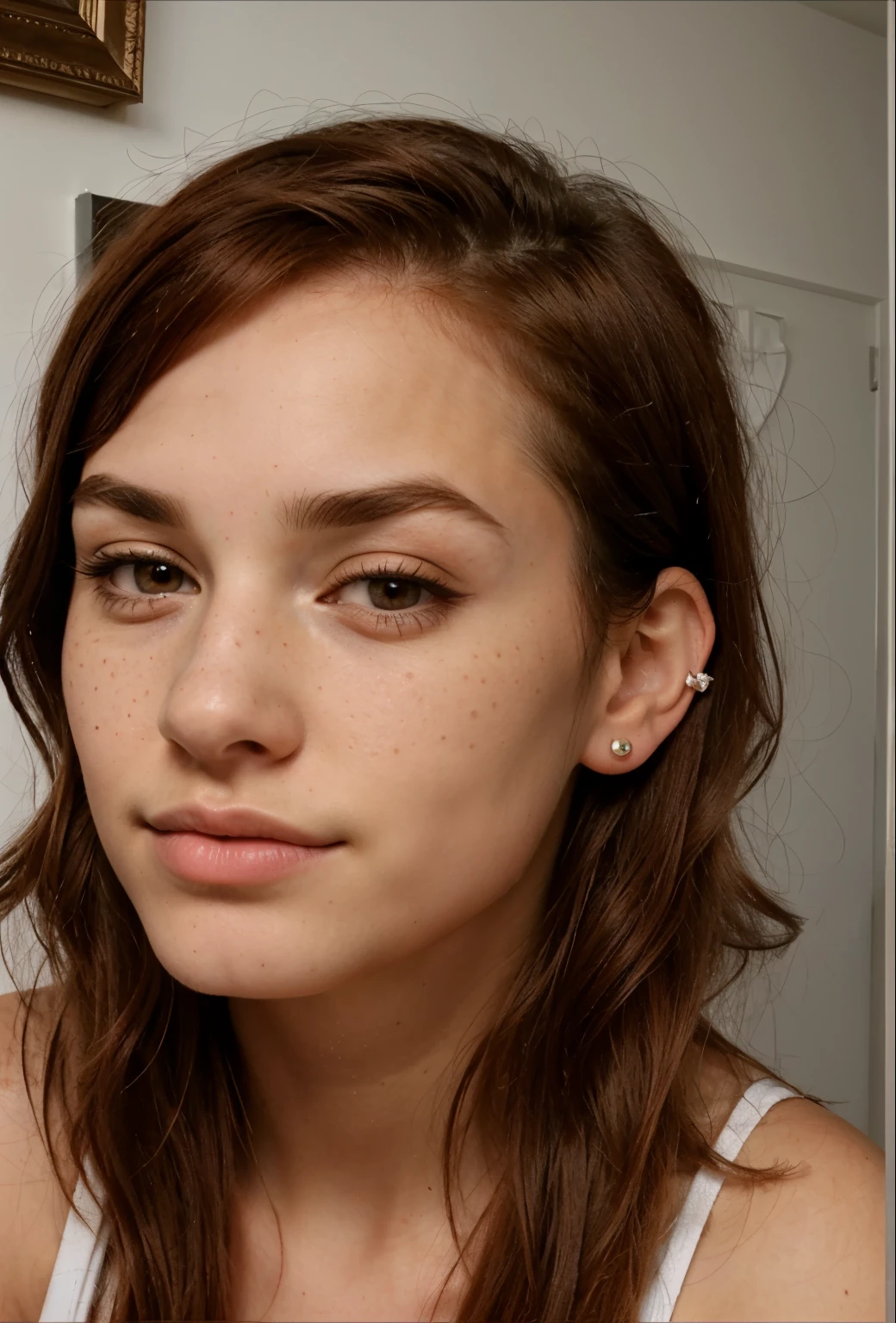 a close up of a woman with a nose piercing and a nose ring, septum piercing, androgynous face, nose piercing, small nose with freckles, freckles on the nose, pointy nose, small freckles, small lips pointy nose, perfect detailed face, facial piercings, cute freckles, piercing stare, thin button nose, buetifull, red hair, hair parted to the side, full-body view, full-body view, full-body view,