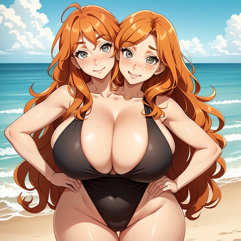 2 heads, a tall thin giant woman with 2 heads. At a beach bar. Extremely huge breasts. Massive round fake boobs. Wearing swimsuit. Happy. Thin face. Long curly orange hair. Sexy. Smiling. Thick eyeliner. Ginger. Freckles all over body. Mature, mommy. Enormous breasts. Massive round fake tits. Baggy eyes. Freckles. Blushing. Aroused. Blushing. Mom body. Many freckles on breasts. Huge, full, perky lips. 