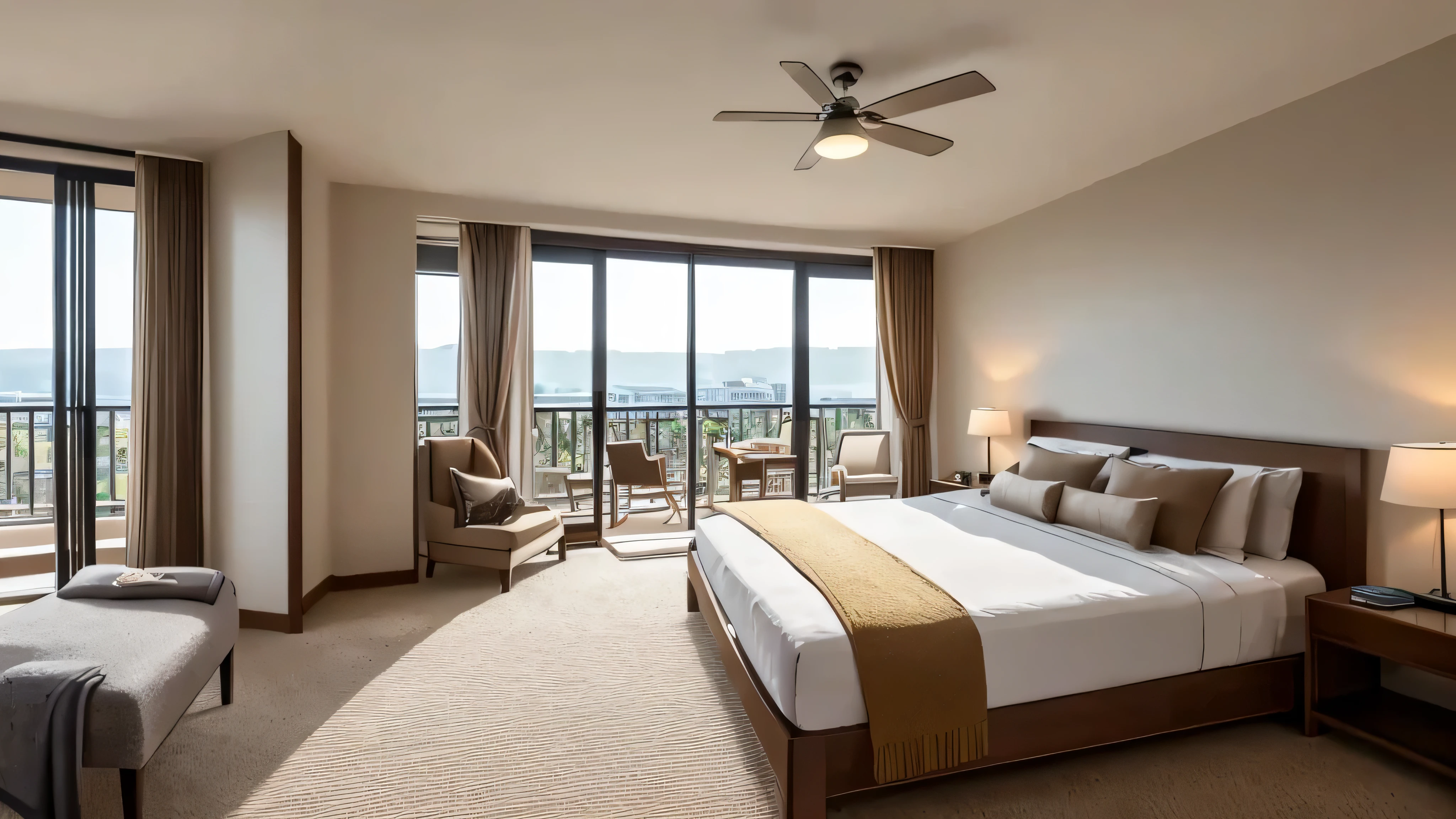 vue dégagée sur une grande chambre, lit king-size, Vue d'un balcon, photo haute résolution, Baies vitrées, Lumière naturelle dans la pièce, avec fond de lumière naturelle, Heure d'or le matin, éclairage magnifique et cinématographique, Le soleil brille en plan large, casserole anamorphique, Scène de film