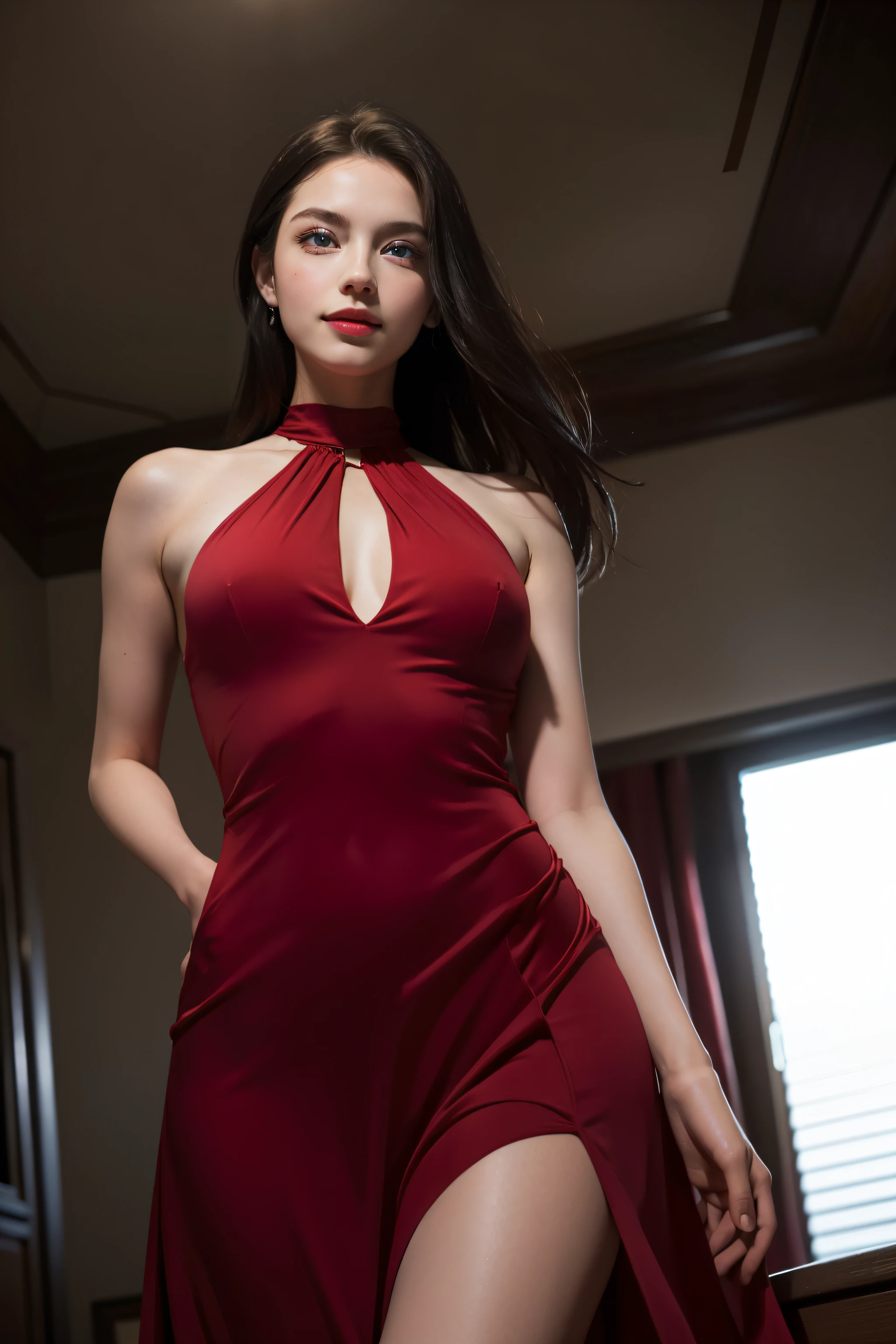 best quality, masterpiece, (photorealistic:1.4), 1girl, light smile, blue eyes, red dress, dramatic lighting, from below