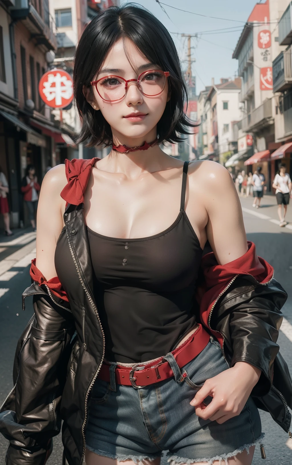 1girl, sarada uchiha in anime boruto, short hair, black hair, red eyes, smile, beautiful, sexy dress, sexy clothes, red clothes, wear red glasses, very big breast, realistic clothes, detail clothes, outdoor background, ultra detail, realistic photo :4K delicate facial features, 18 year old girl, Uchiha Sarada, anime character transformed into a realistic character, with detailed, beautiful and cute face, red filtered eyes, black hair, short hairstyle, bangs sweeping to the left, wearing a ninja head tie from konoha , expression
thin sweet smile, thin cheeks, sharp chin, red glasses, tentom shirt design, livis shorts, perfect model, large/medium breasts, free style, high resolution, detailed illustrations, very realistic background, white glowing skin, very detailed face perfect