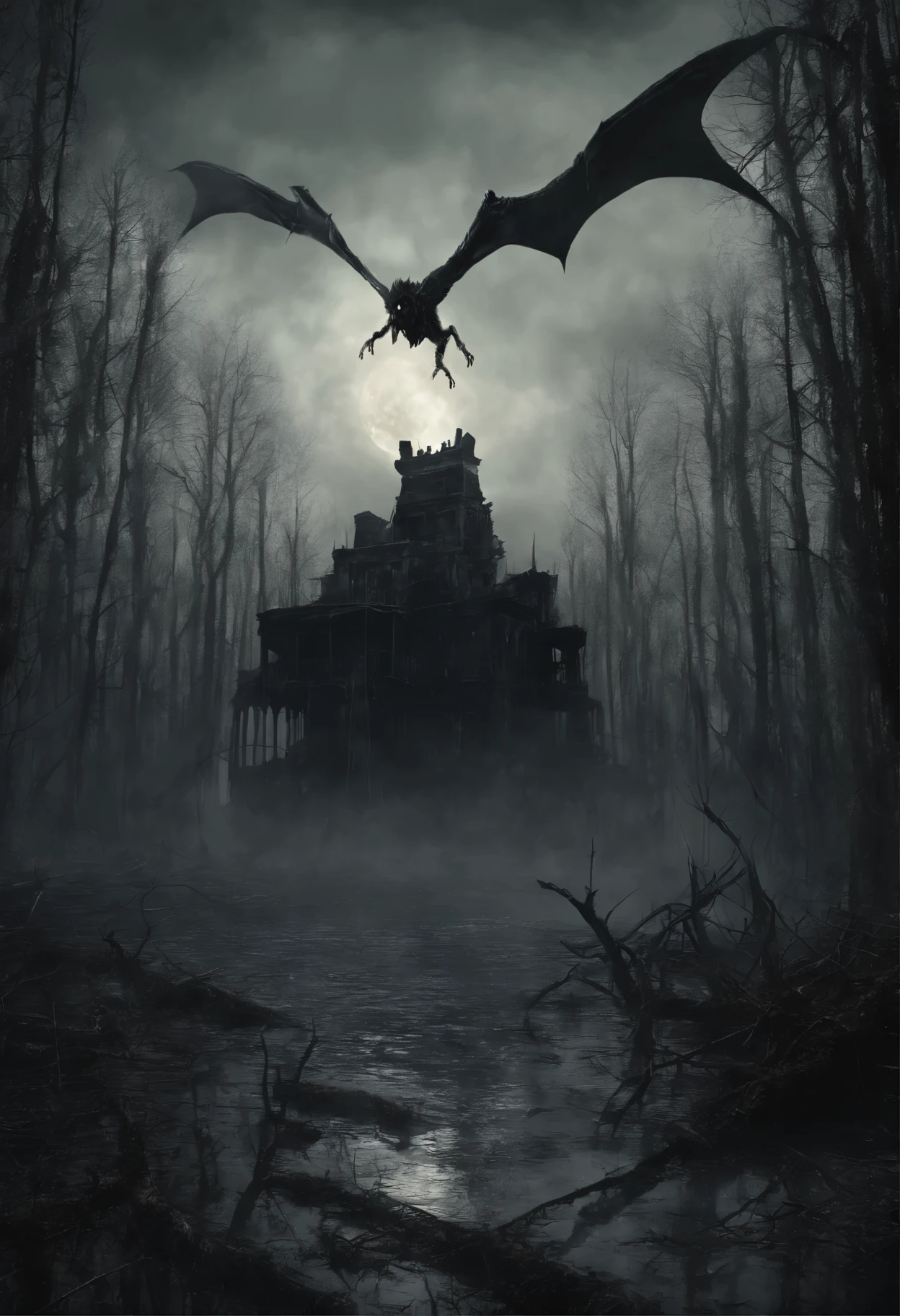 ((a dark ghost flies over a swampy forest):1.5), the ruins of an ancient watchtower in the background, (Best Quality, 16K, Masterpiece, UHD:1.3, Huge detail, hyper realistic, epic scale, insane level of details)