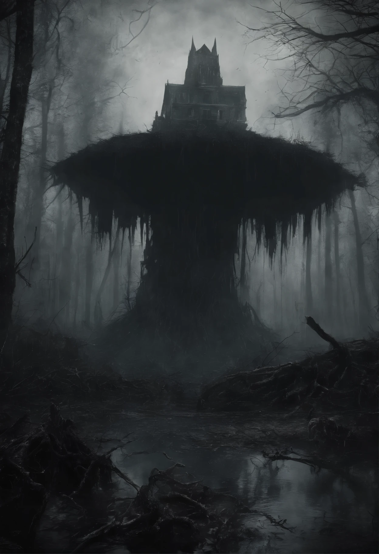 ((a dark ghost flies over a swampy forest):1.5), the ruins of an ancient watchtower in the background, (Best Quality, 16K, Masterpiece, UHD:1.3, Huge detail, hyper realistic, epic scale, insane level of details)