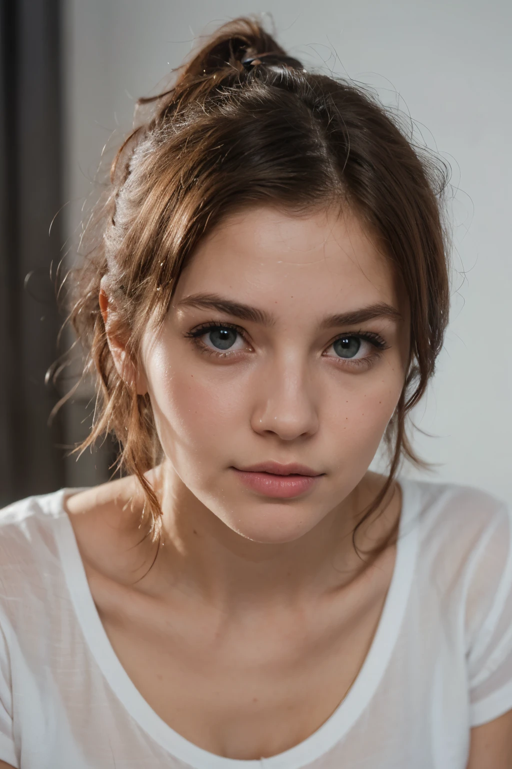 wears a white T-shirt without a logo, portrait, cute face, blaues Haar, Beautiful eyes, 40k, Fotografie, Meisterwerk, best quality, seductive pose, ultradetailliertes Gesicht, detaillierte Augen, 30 Jahre alt