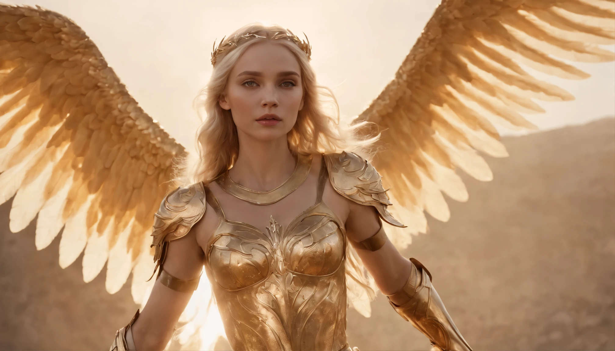 Cinematics. top-down view. The girl is an angel. A lot of golden glow. Magic. 4 wings. spread white wings with a golden glow. Eyes shining with golden light. Long blond hair. Neat armor. The arms are spread apart. There is a sword in each hand. There is a scorched battlefield in the background.Complicated details. High detail. Fantasy. High-end image. 8k quality. The poster.