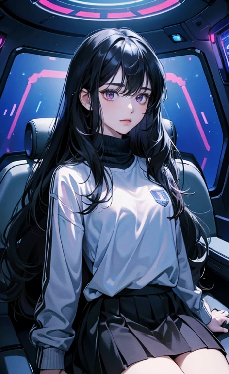 (8k, best quality, masterpiece),girl,Bangs,long black hair,wavy_hairs,Black Sweater,skirt,pink eyes,nervous expression,Sit in the spaceship,blue theme blue light,future world,cyberpunk,