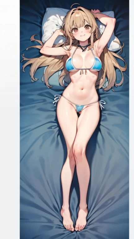 1 girl, the best, masterpiece, HD, (whole body), Symmetrical, alone, (whole body from head to toe), ((moro liberation front)), Slingshot bikini, unrealistic, (( camel toe)), ((((translucent bikini)))), ((((translucent)))), ((((transparent)))), (((transparent clothing))), whole body视图, Gaze towards the camera, ((Isometric pillow diagram)), ((dakimakura)), (Lying in bed),Physically based rendering, beautiful women, Perfect body, Smile, bedroom, Giant breast, barefoot, toe