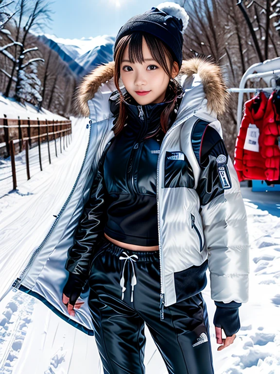 very detailed、masterpiece、Ski Resort Background、a woman in a (white down vest at northface):1.4, white puffer vest and black pants posing for a picture, model is wearing techtical vest, sportswear, sportswear, かわいいsportswear, nanocarbon-vest, white!!, white coat, tech wear women pictures, 2 techwear women, catalog photo, stylish coat for rave, full body photo, future inflatable jacket, Miko, Kim Woo