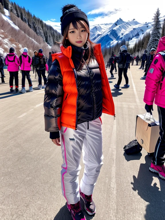 very detailed、masterpiece、Ski Resort Background、a woman in a (white down vest at northface):1.4, white puffer vest and black pants posing for a picture, model is wearing techtical vest, sportswear, sportswear, かわいいsportswear, nanocarbon-vest, white!!, white coat, tech wear women pictures, 2 techwear women, catalog photo, stylish coat for rave, full body photo, future inflatable jacket, Miko, Kim Woo