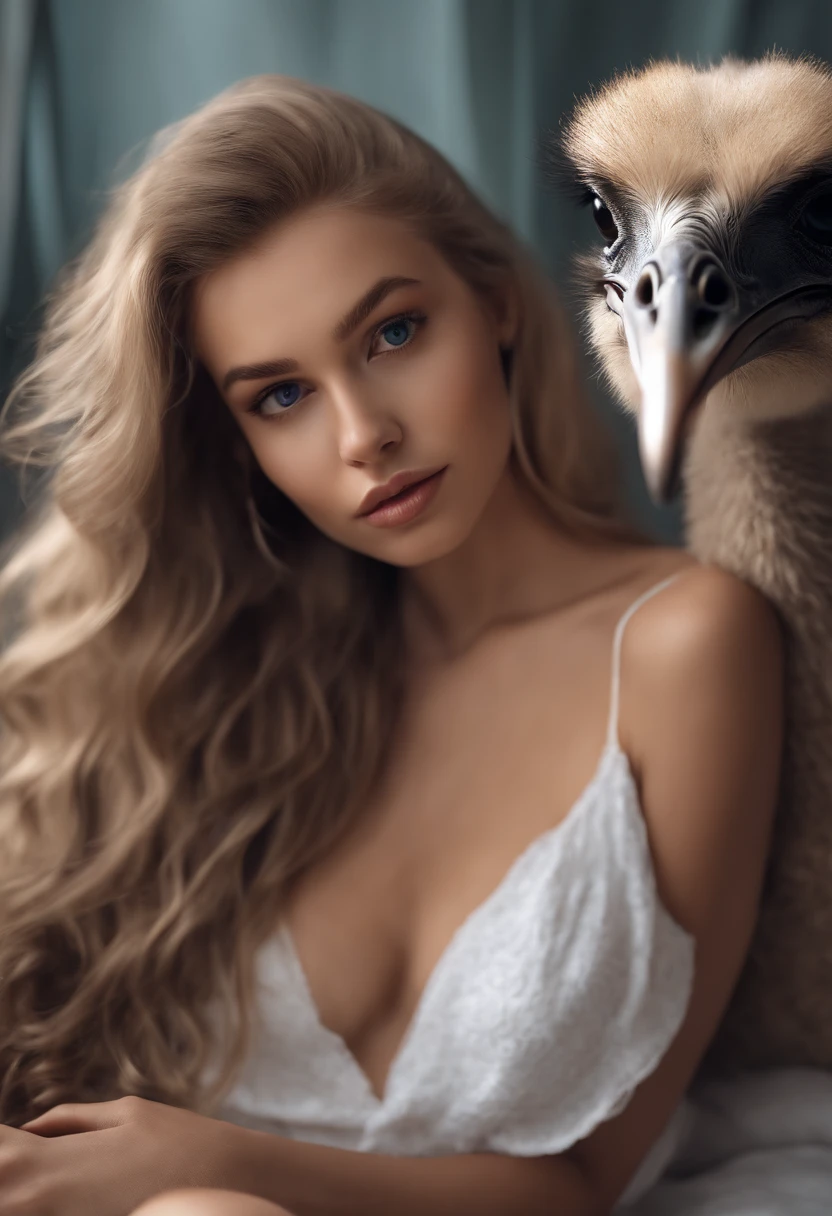 riding an ostrich, sexy girl with blue eyes, ultra realistic, meticulously detailed, portrait sophie mudd, blonde hair and large eyes, selfie of a young woman, bedroom eyes, violet myers, without makeup, natural makeup, looking directly at the camera, face with artgram, subtle makeup, stunning full body shot kneeling on bed, in club, large size bust