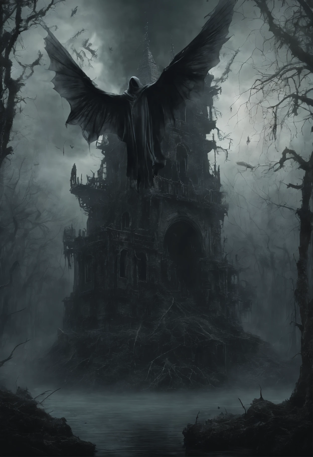 ((a dark ethereal ghost flies over a swampy forest):1.5), the ruins of an ancient watchtower in the background, (Best Quality, 16K, Masterpiece, UHD:1.3, Huge detail, hyper realistic, epic scale, insane level of details)