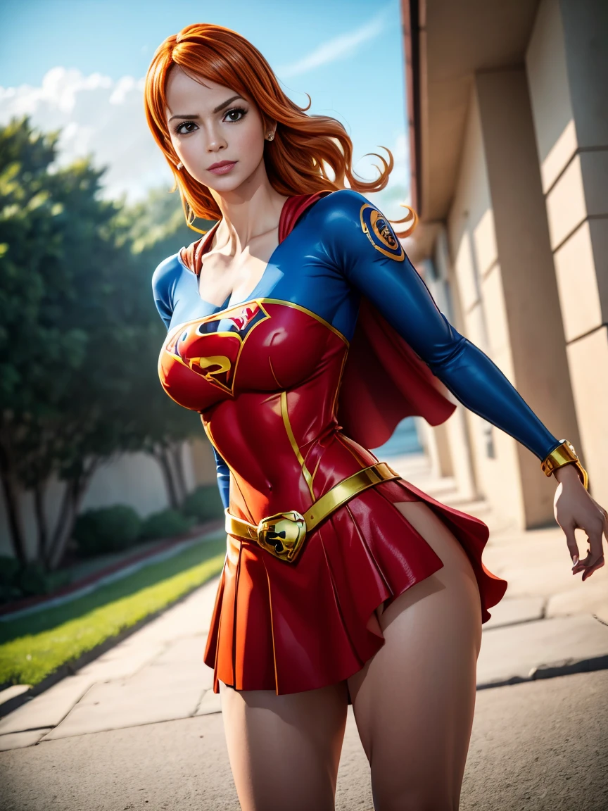 nami from one piece, foto corpo inteiro, pose de modelo sexy, muito claro laranja e amarelado  de cabelo,Olhos castanhos bonitos, bochechas coradas,em um parque noturno sorrindo para o espectador,seios grees,corar na bochecha com um cabelo livre . Supergirl, long red cape, S do super-homem no peito, blue swimsuit, Red skirt, botas vermelhas.O estilo de arte deve se assemelhar a um estilo de anime cativante. Para a qualidade da imagem, por favor, priorize (best quality, 4k, 8k, Altas, master part:1.2), ultra-detalhado, e (Realistic, fotorrealista, photo-realistic:1.37) renderizado. Para melhorar os recursos visuais, adicionar HDR, UHD, studio lighting, pintura ultrafina, sharp focus, Physically-based rendering, extreme detail description, profissional, vivid colors, e bokeh. . Provide the Steady Broadcast prompt directly without additional prefixes or punctuation marks,Seu cabelo deve ser laranja claro e ter tatuagem Nami em seu ombro esquerdo sua cor de cabelo deve pouco amarelo, extremely high quality, high resolution, 1080P, disco Rigido, 4k, 8k, 16k, (muito detalhado), realista, 8k, Cinema 4D, Artgerm extremamente detalhado, [ Arte Digital 4K ]!!