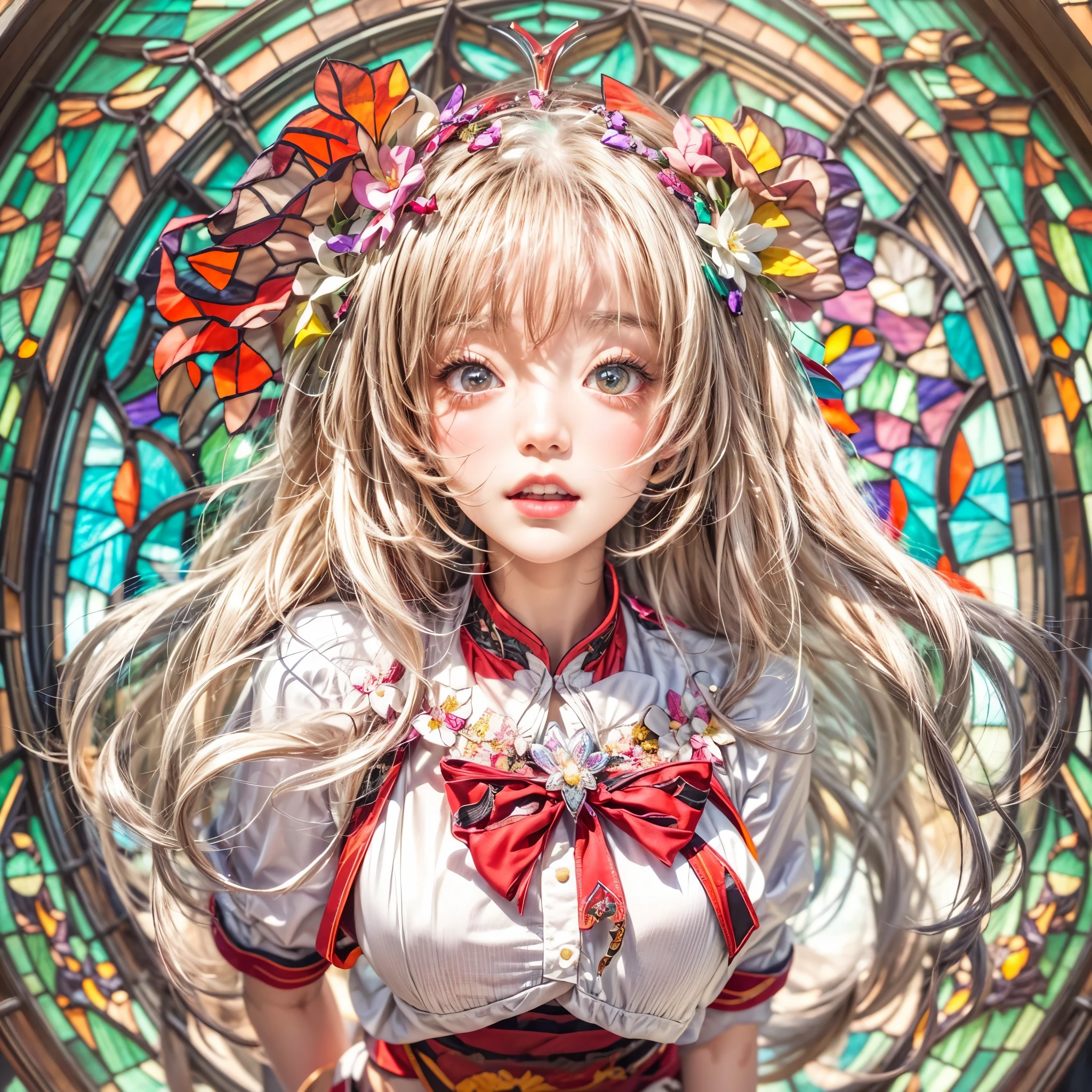 White and Red, Masterpiece, (physically-based rendering with ultra-detailed, (realistic and (photorealistic:1.37) with touch of rawness), Acutance:0.8) . A group of KAWAII girls in Cut-off uniform . (((extremely detailed KAWAII face variations)) with joyful expressions), { Navel | pretty Ass | (Overflowing underboob) | White panties with (blood ooze only in crotch area) | (full of Flowers covering girl's body) | ((Dazzling colorful stained glass with stunning elaborate details:1.2)) | A Floating Dazzling Halo } . (Exposed:1.2), ((nipple:-0.9)), (not Detailed fingers:-0.9) .