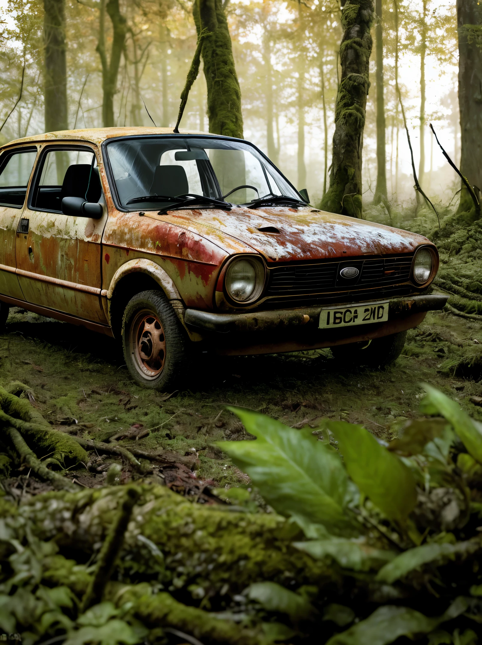 A haunting image of a decaying red ford fiesta mk2, its partially decayed remains covered in moss and lichen. The large, twisted, leaf-shaped structures beneath the insect resemble twisted rope, and the surrounding forest is bathed in a warm, golden light. The sun casts a warm glow on the scene, illuminating the decaying leaves, highlighting the vivid color and texture of the decaying wood. fast shutter speed, wide aperture, low light