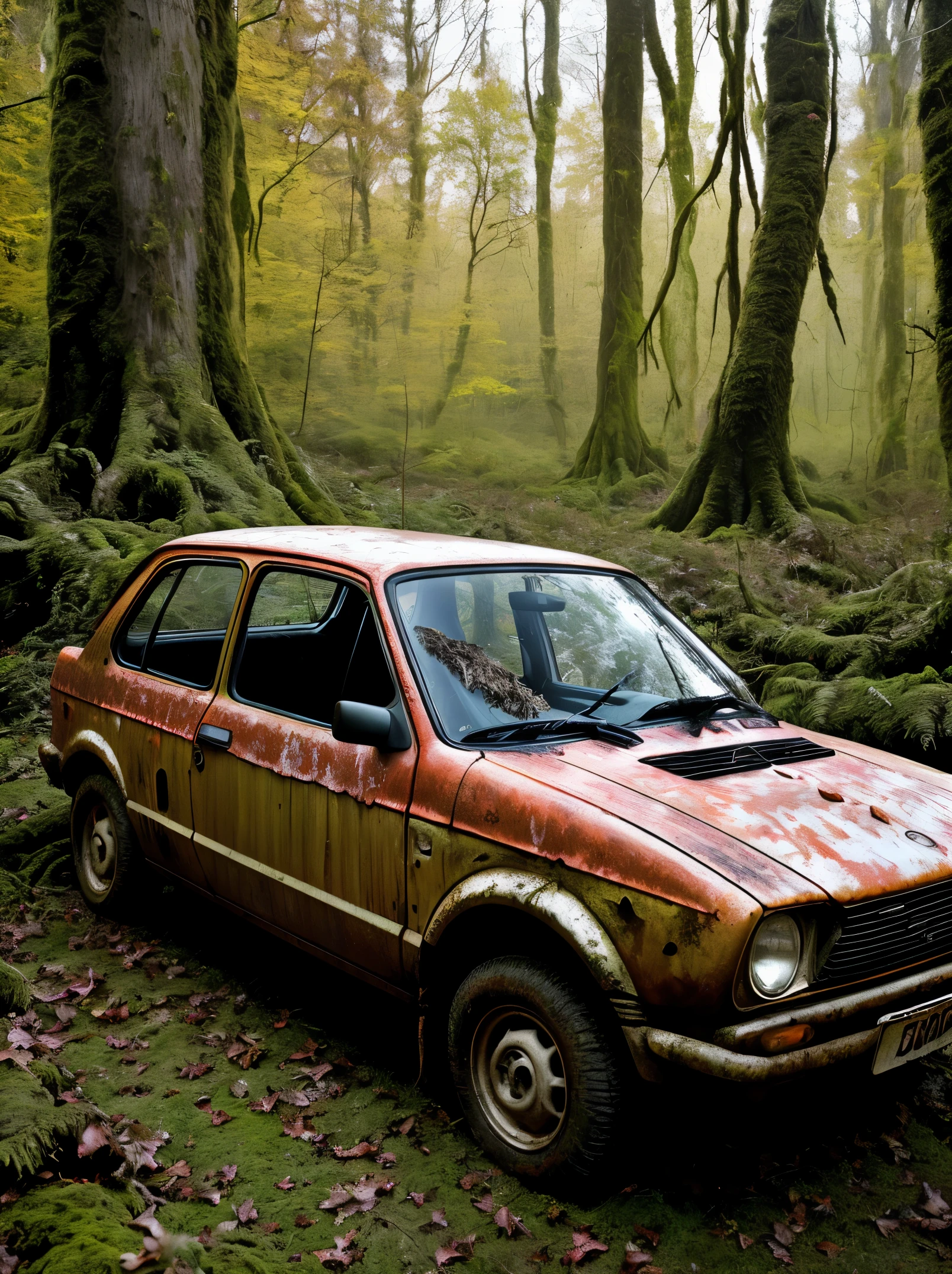 A haunting image of a decaying red ford fiesta mk2, its partially decayed remains covered in moss and lichen. The large, twisted, leaf-shaped structures beneath the insect resemble twisted rope, and the surrounding forest is bathed in a warm, golden light. The sun casts a warm glow on the scene, illuminating the decaying leaves, highlighting the vivid color and texture of the decaying wood. fast shutter speed, wide aperture, low light