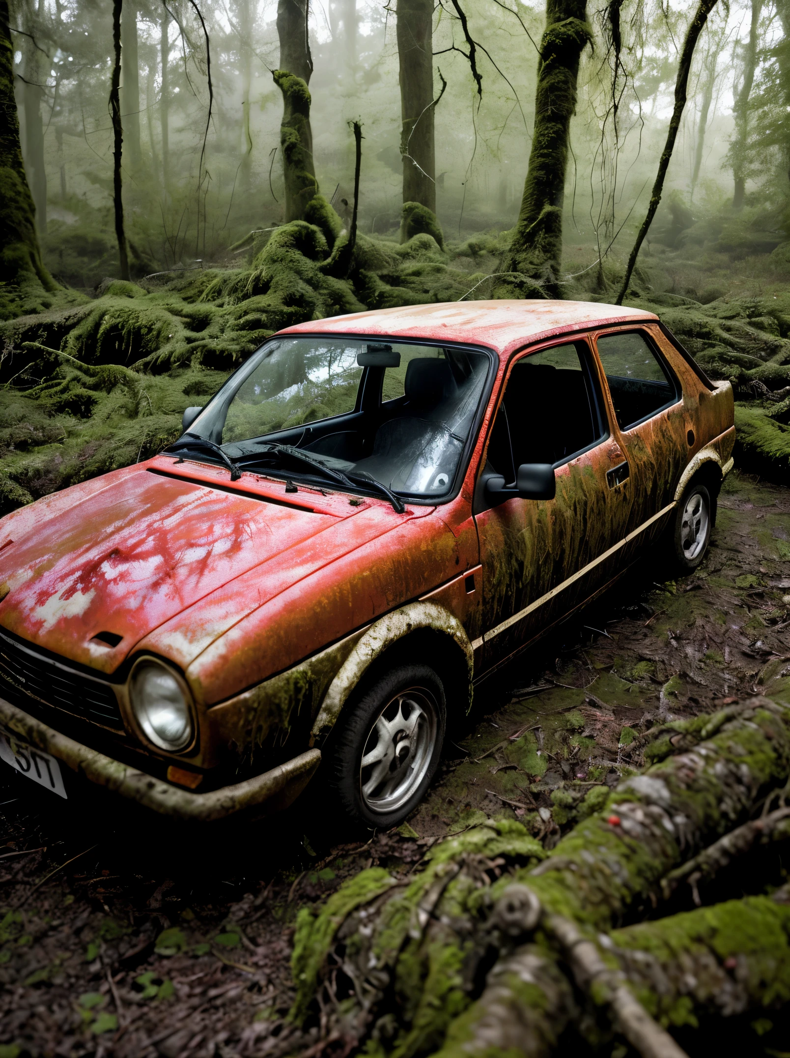 A haunting image of a decaying red ford fiesta mk2, its partially decayed remains covered in moss and lichen. The large, twisted, leaf-shaped structures beneath the insect resemble twisted rope, and the surrounding forest is bathed in a warm, golden light. The sun casts a warm glow on the scene, illuminating the decaying leaves, highlighting the vivid color and texture of the decaying wood. fast shutter speed, wide aperture, low light