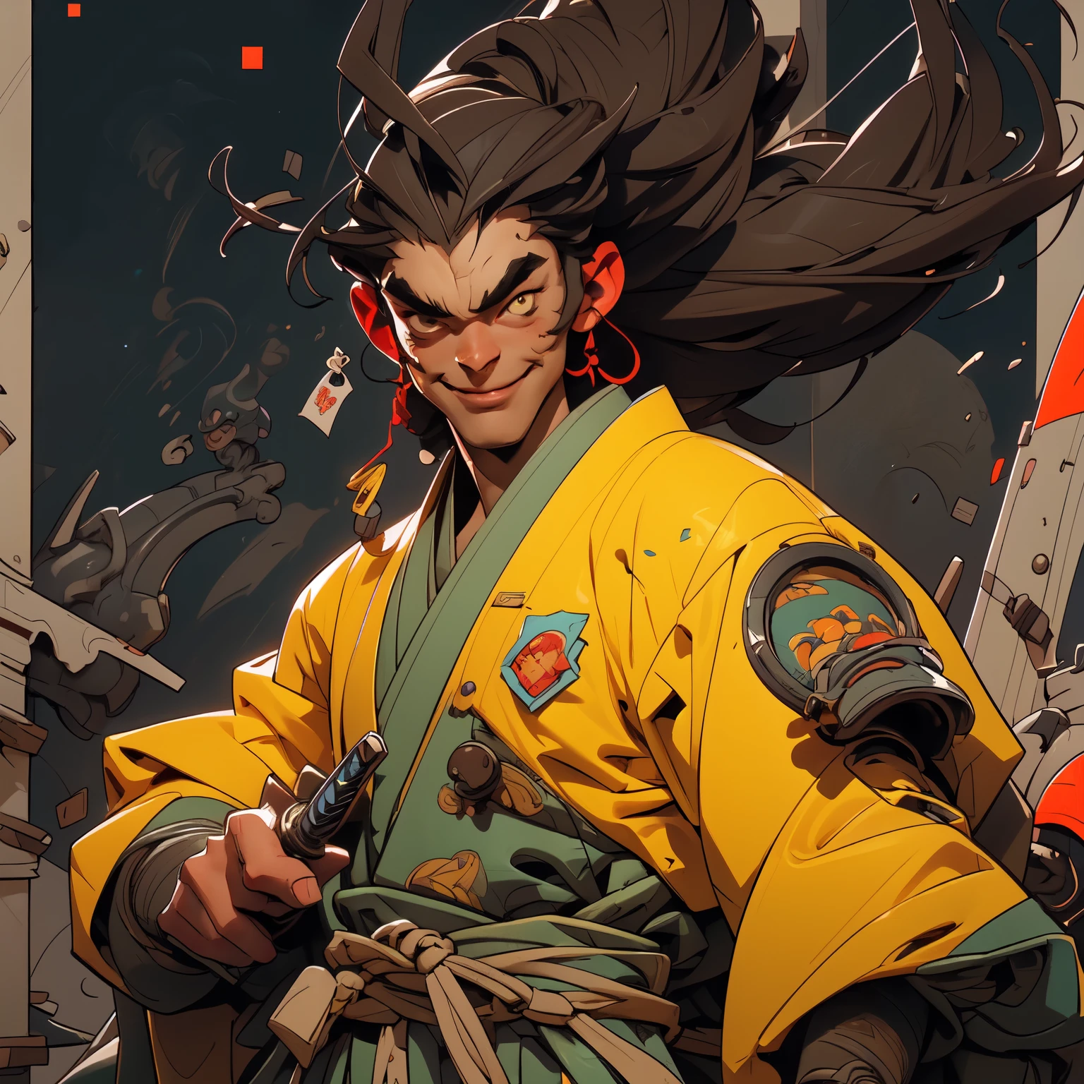 !Chill! Smile!, A young man of 20 years old Ronin, has a normal build, brown color, and African hair, he is not so gigantic, he smiles in a Kill Bill tracksuit and an anti-blue light, inspired by Maxzen. Shoulder armor, sheathed katana, dojo in the background, night setting, Cool comic style - Maxzen, Japanese manga. Ross drawing and Krenz diagram, illustration, composition sketch / Color portrait Young man 20 years old. Modern style, comics, Japanese manga, cyberpunk, future, color shades, rich colors. 2_In the background there is a server, a dojo in the background, a night setting, wires, light bulbs, lanterns, lighting, and robots. 3_High image quality, 4K | Ultra HD | Full HD, cinematic comic book, 3D visualization_in comic book style - linear stroke, color fill, high-quality stroke - a masterpiece, TOP computer graphics ART. 8K, dark lighting, strong shadow. (vivid, anime, comic, creative, sharp focus, 8K). High detail of the drawing, lines, high-quality background (shades of cool tones, red, yellow warm highlights, side lighting), cyberpunk, and futurism. Film grains, dust, and particles in the air.