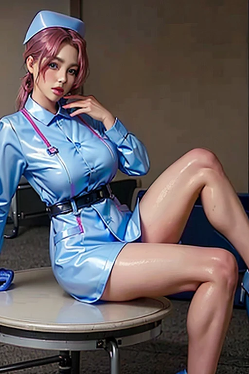1 beautiful woman, ((sleep in the crowded bus)), closed eyes, pink underboob, beautiful face, seductive, a lot of makeup, (short wavy blue hair, bob cut), wet underboob, high heels, (red mini skirt).