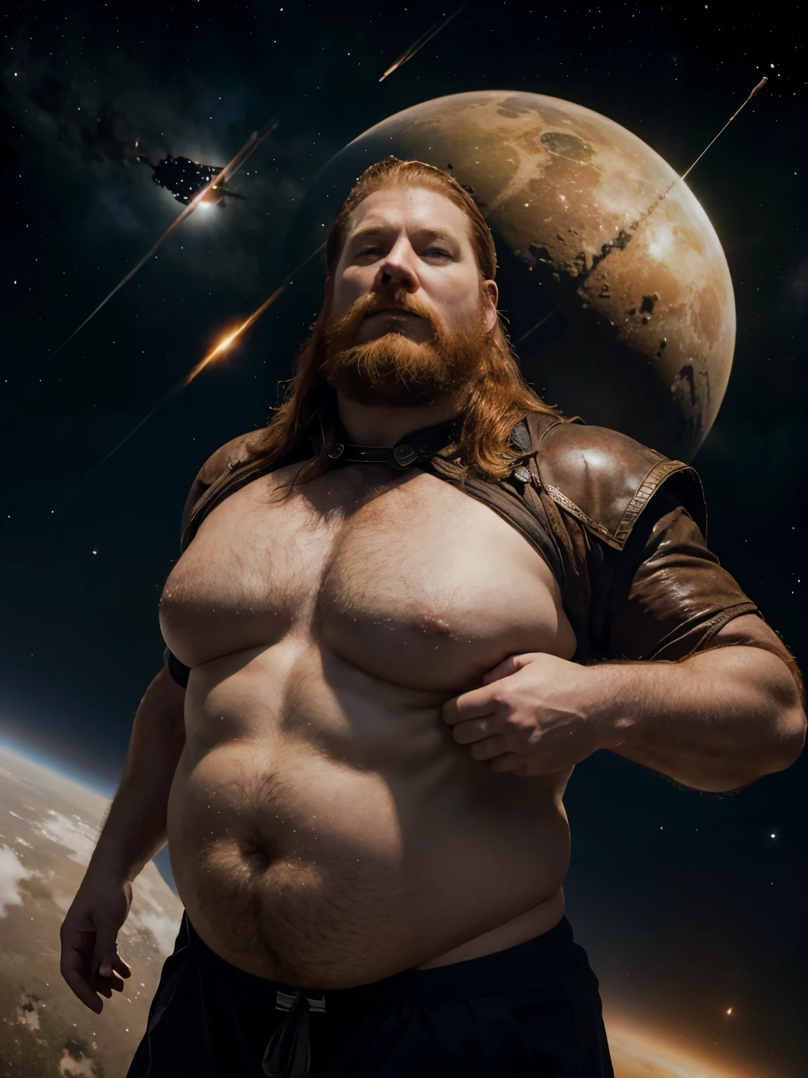 Handsome fat red-headed viking man in outer space. He is in a futuristic planet. He has enormous tits. Gigantic breasts. A male viking with tits. He is creating solar systems and suns. He is powerful and almighty. He is a god with planet sized tits. Giving birth to planets.