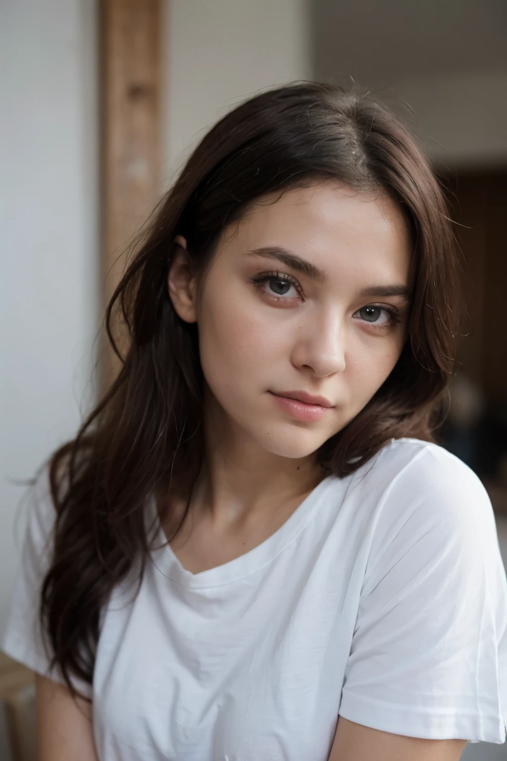((best quality)), ((Meisterwerk)), (detailliert), perfektes Gesicht, blaue haare, Beautiful eyes, 40k, Fotografie, seductive pose, ultradetailliertes Gesicht, detaillierte Augen, wearing a cute white t-shirt without a logo, 27 Jahre alt