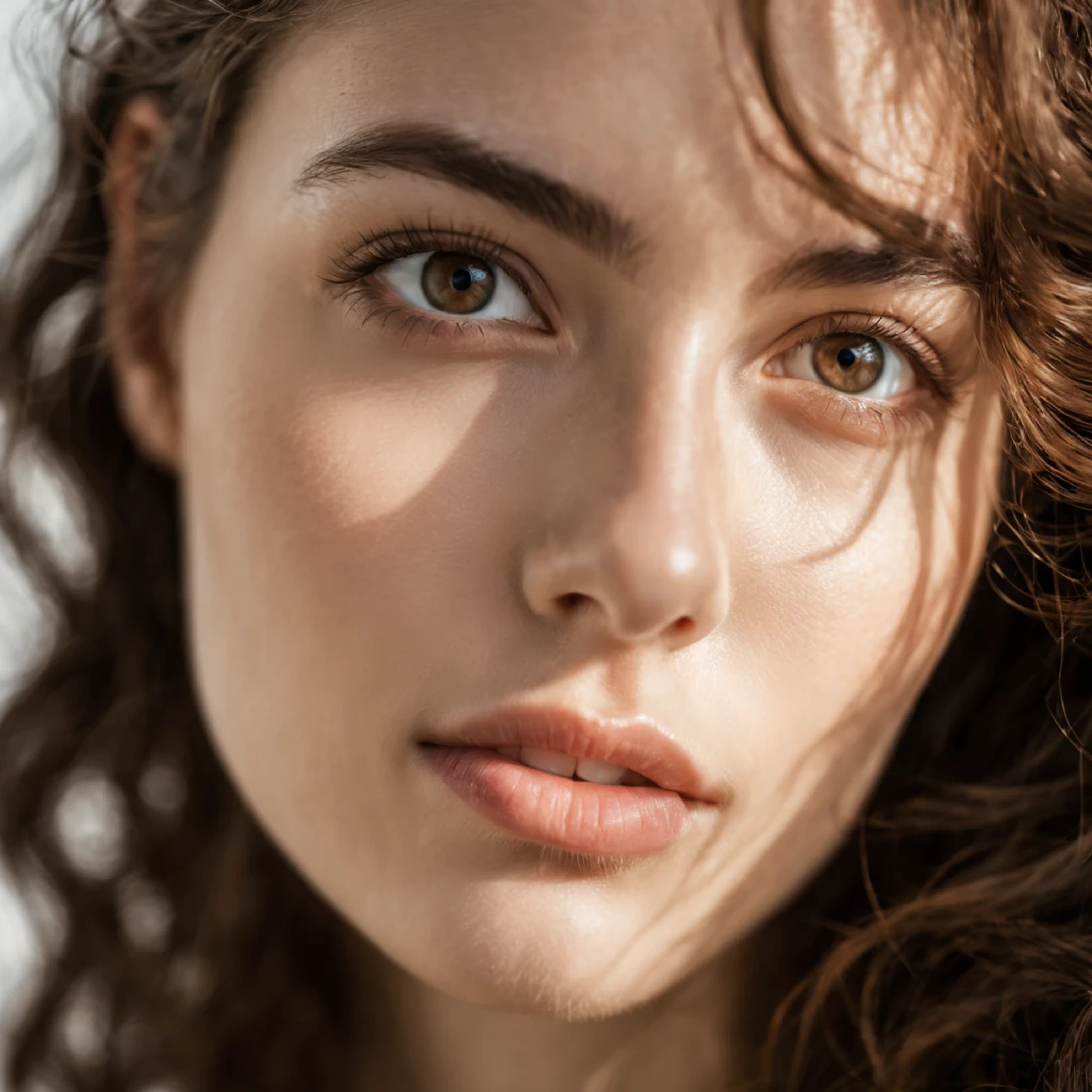 ((full body )) portrait photo of a beautiful 25 years old european woman, endless long (extra long curly brown hair), Award - winning photograph, Masterpiece, 8k, ultra high res, hyper detailed, beautiful woman, perfect face, rule of thirds, Perfect eyes, Perfect iris, perfect pupils, (perfectly round iris:1.3), Perfect lips, Perfect teeth, dimples, perfect nose, highly detailed hair, ((detailed face)), ((detailed facial features)), (finely detailed skin), pale skin, realistic skin texture, extreme skin details, (pores:0.1),(sweaty:0.8), insane details, intricate details, amazing fine detail, photorealistic, photograph, photorealism, rich colors, lifelike texture, neutral colors, Soft front light,cinematic lighting, dramatic lighting,dappled light on face, backlight on hair, sharp focus, wide angle, film grain, dslr, raw photo, photographed on Nikon