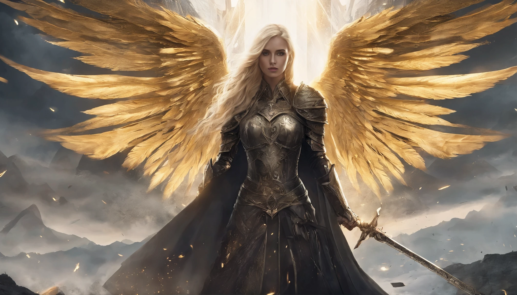 Illustrations in the style of fantasy mythology. dark tones of the painting. atmospheric lighting. Bright lights. Bright light. A dark face. Bright eyes. top-down view. The girl is an angel. A lot of golden glow. Magic. four angel wings on his back. spread out four white wings with a golden glow. Eyes shining with golden light. Long blond hair. Neat armor. The arms are spread apart. There is a sword in each hand. There is a scorched battlefield in the background.Complicated details. High detail. Fantasy. 8k quality. The poster. Cale. The Knight of light.