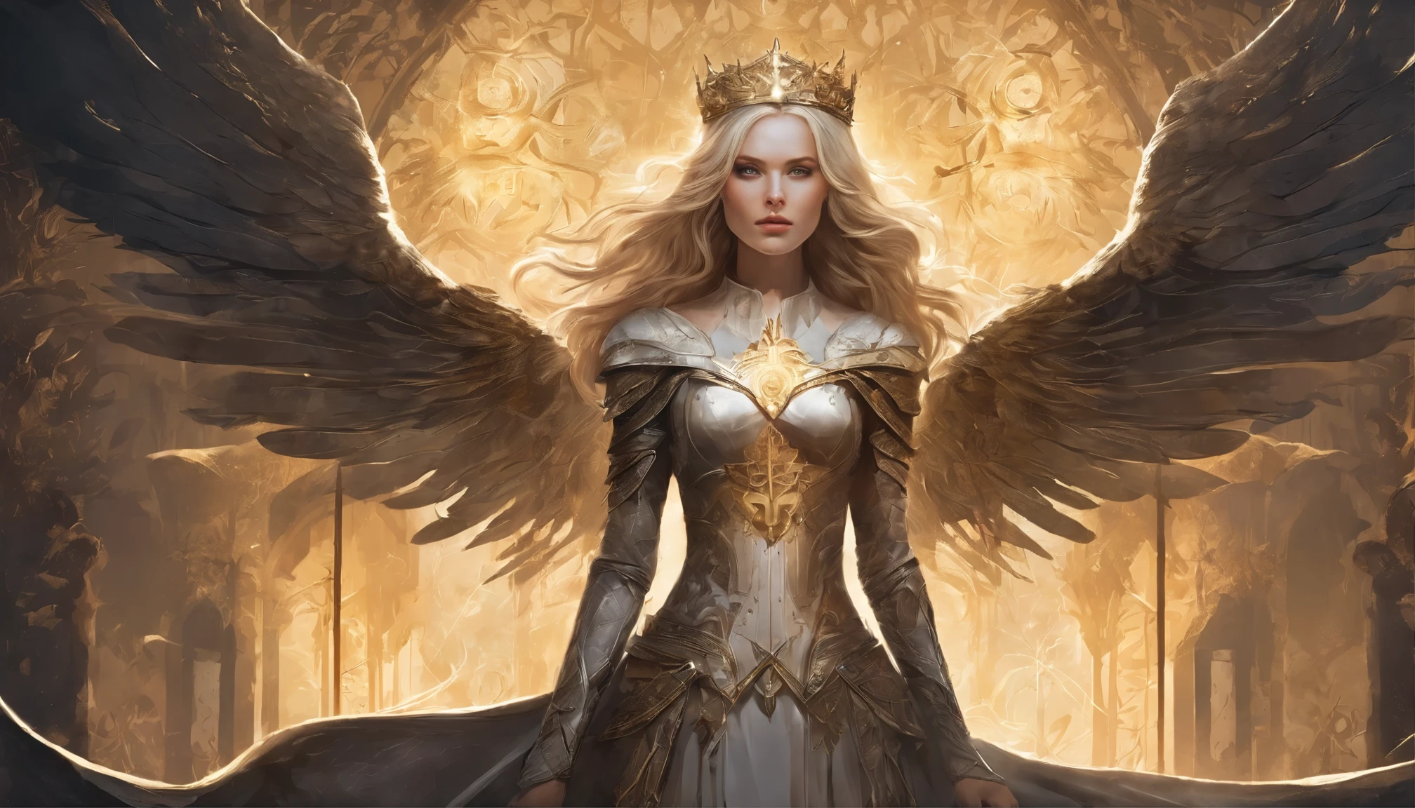 Illustrations in the style of fantasy mythology. dark tones of the painting. atmospheric lighting. Bright lights. Bright light. A dark face. Bright eyes. top-down view. The girl is an angel. A lot of golden glow. Magic. four angel wings on his back. spread out four white wings with a golden glow. Eyes shining with golden light. Long blond hair. Neat armor. The arms are spread apart. There is a sword in each hand. There is a scorched battlefield in the background.Complicated details. High detail. Fantasy. 8k quality. The poster. Cale. The Knight of light.