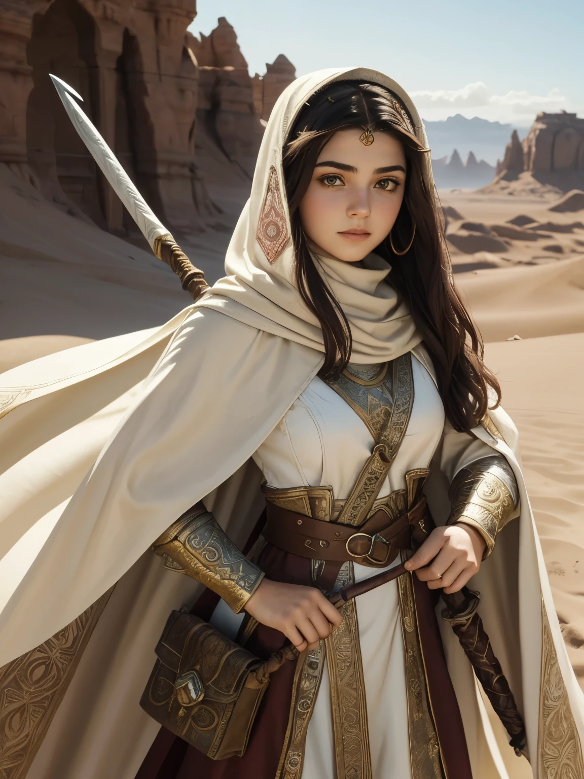 18 years old (cute:0.5) Fantasy (adventurer:1.4) princess, her face looks like (Ariel Winter:0.8) plus Hande Erçel, wears a (leather:0.5) pauldorn, an ((ivory)) and burgundy ornate caucasian dress and an ivory (hijab). Flowing khaki colored linen cape, pouch. She confidently holds a magical staff adorned with a sapphire. In a desert, she stands ready for her next adventure. Close up.